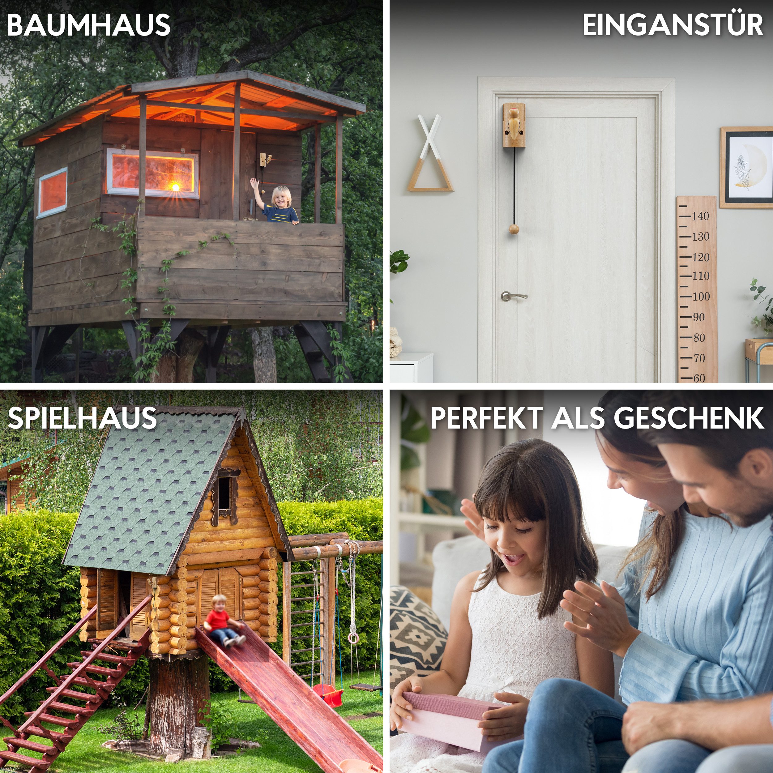 Eli Spielzeug-Gartenset Klingel aus Holz für Baumhaus - Spielhaus - Kinderzimmer - Haustür, (Stelzenhaus - Türspecht - Glocke - Geschenk für Jungen und Mädchen), Buchenholz
