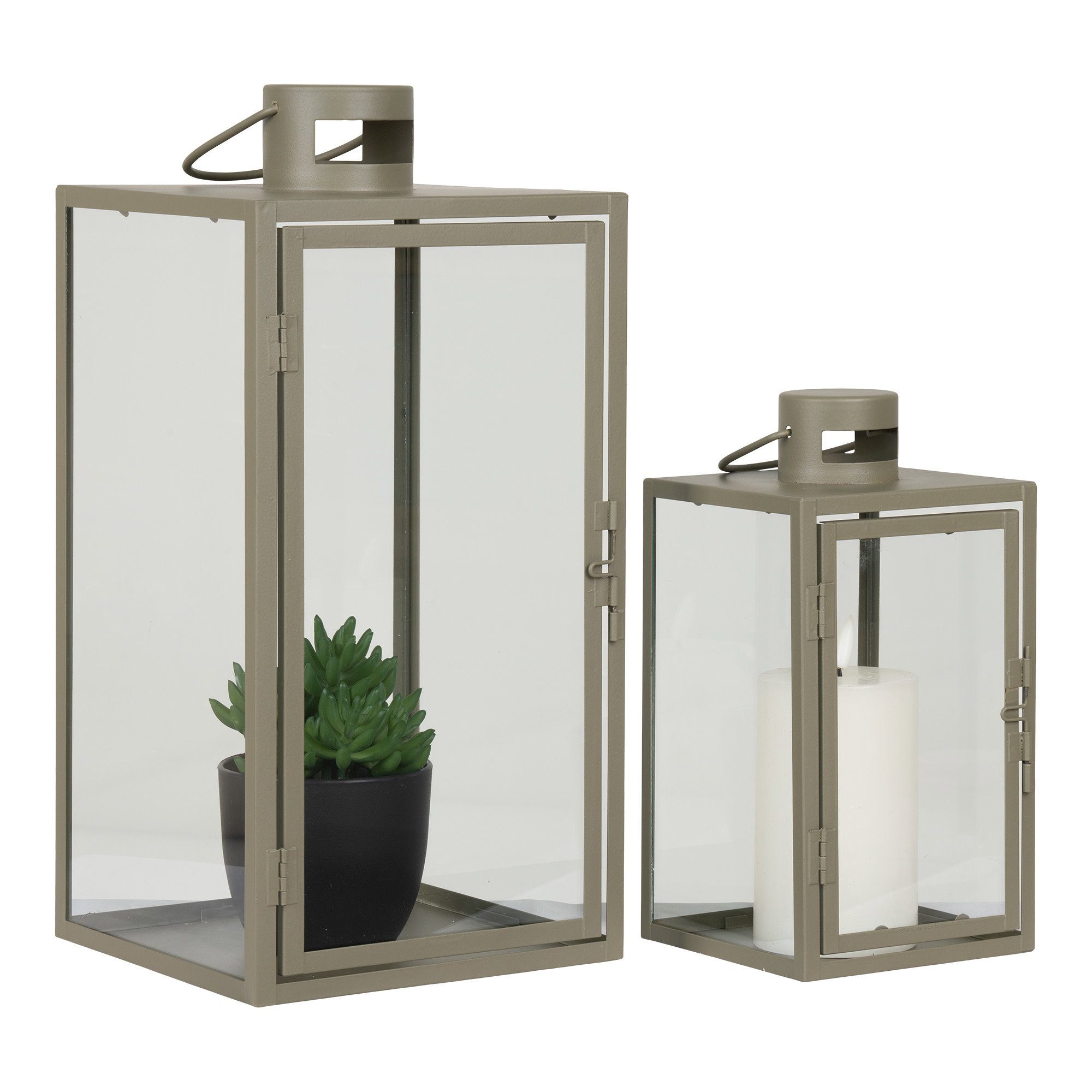 tinkaro LED Laterne Laternen Set aus Metall und Glas 13/19,5 x 13/19,5 x 25,5/40 cm Grün, Stahl-Glas-Windlichter als Deko-Set für den Innen- oder Außenbereich