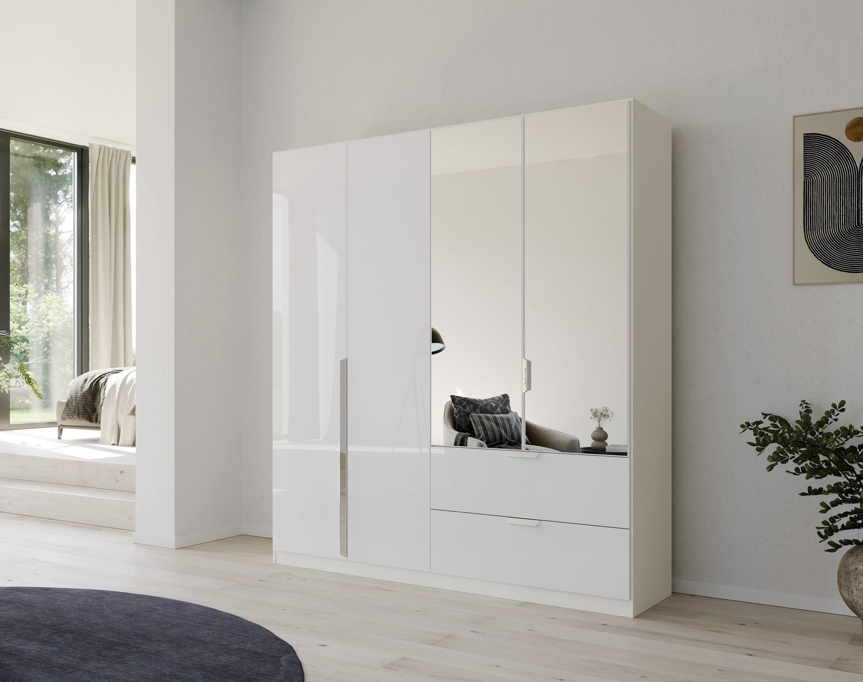 rauch Drehtürenschrank Kleiderschrank Schrank Garderobe Ankleide GLAMOUR BY QUADRA SPIN (Breiten: 181/226/271 cm, Höhe 210 cm) mit Spiegel und Hochglanz-Front, Stangengriff MADE IN GERMANY