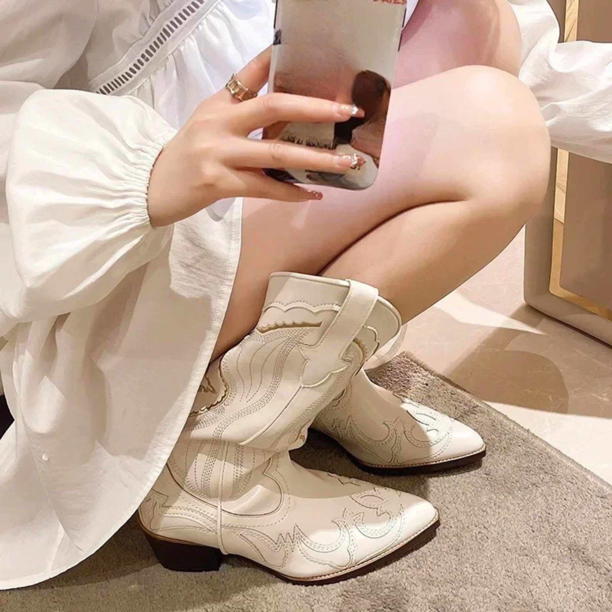 NEXORA Western Cowboystiefel Damen bestickt, Stiefel mit Absatz aus PU Leder Cowboystiefel Cowboystiefel mit Muster