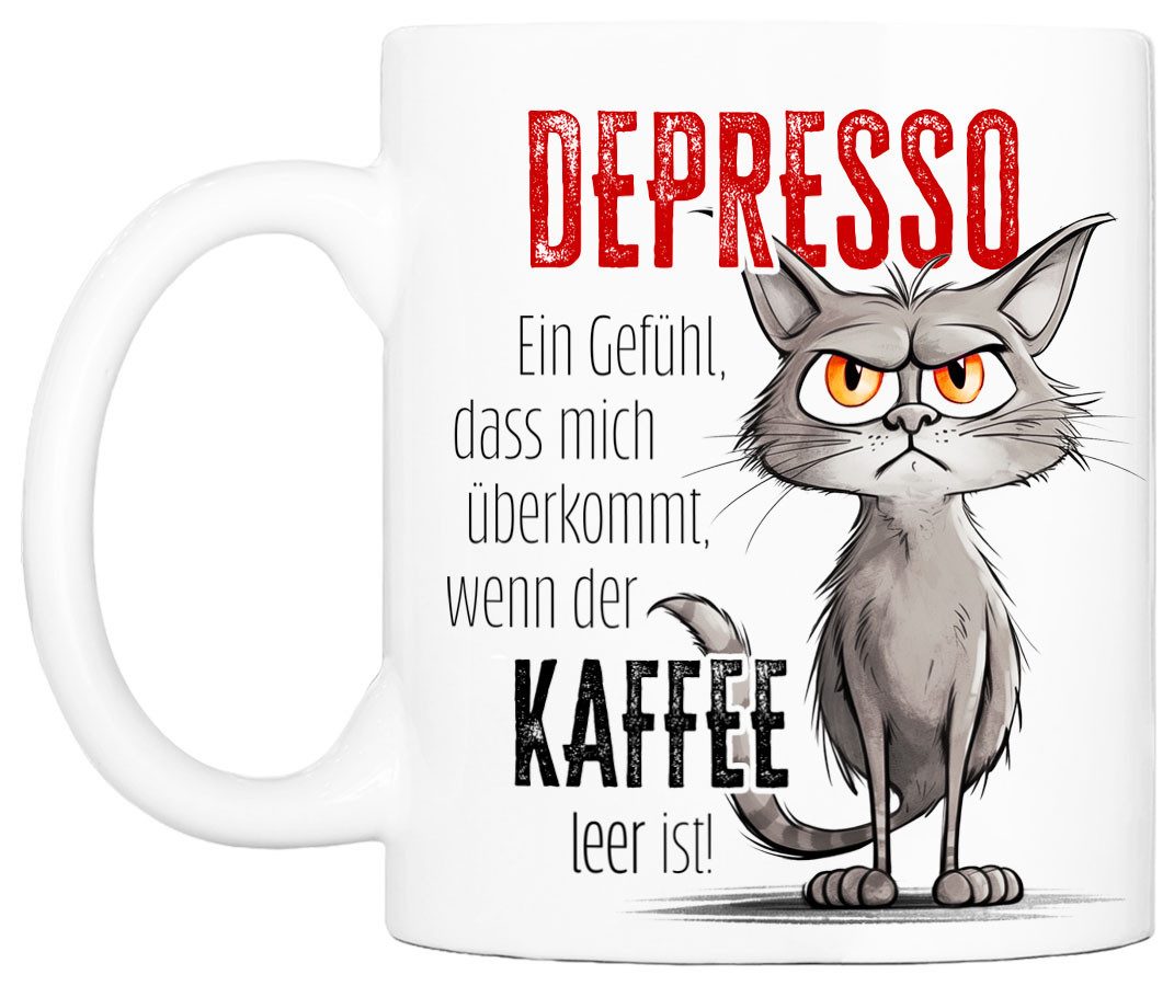Cadouri Tasse mit Spruch DEPRESSO Kaffeetasse Büro Arbeit, Geschenk, Keramik, Kaffeebecher, Geschenkidee Arbeitskollege, lustig, Humor, 330 ml