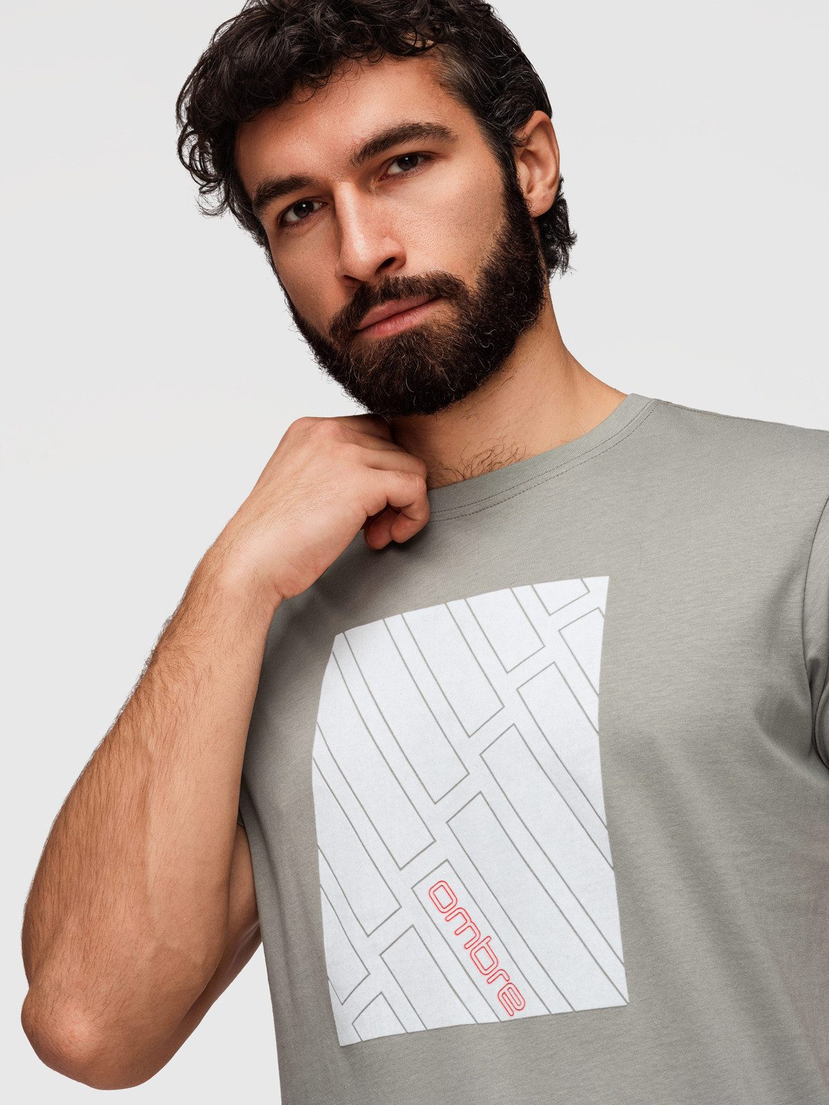 OMBRE T-Shirt Herren T-Shirt Regular Fit mit geometrischem Druck Grau L (kein Set, 1-tlg)
