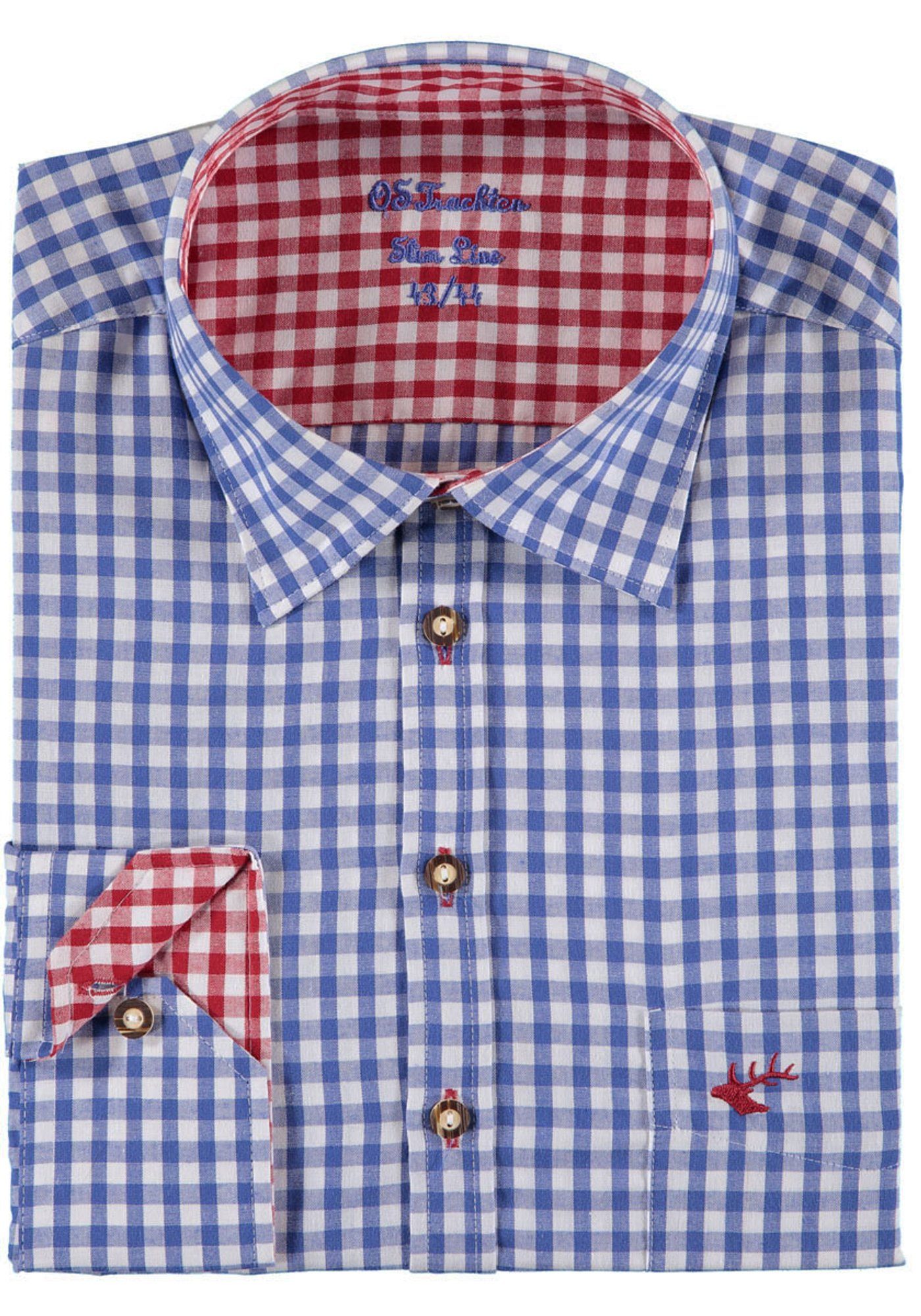 OS-Trachten Trachtenhemd Pasevu Langarmhemd mit Hirsch-Stickerei auf der Brusttasche mittelblau