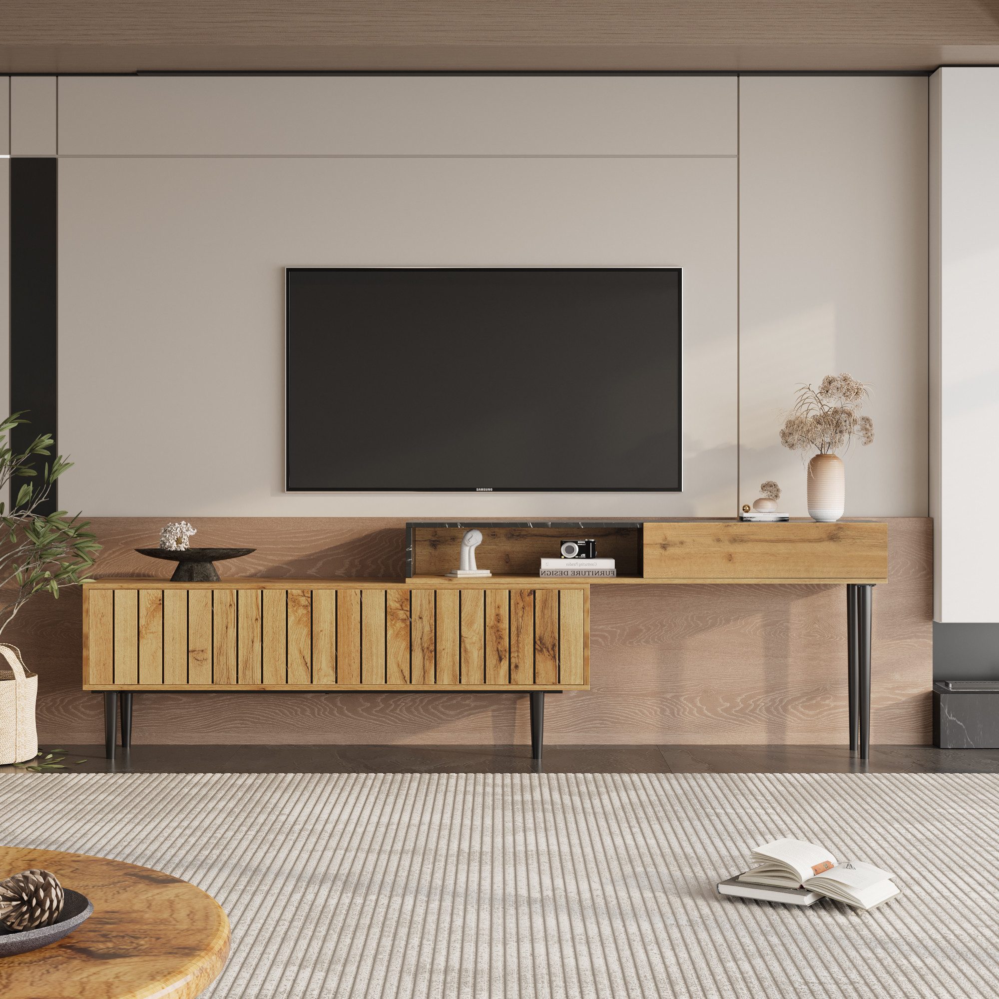 IDEASY Fächerschrank Moderner TV-Schrank, Marmor- und Holzdesign, PVC-Kante, (Verstellbereich der Schranklänge: 129–200 cm) 6 Beine, 129 x 30 x 58 cm, 2 Türen, unregelmäßiger Korpus