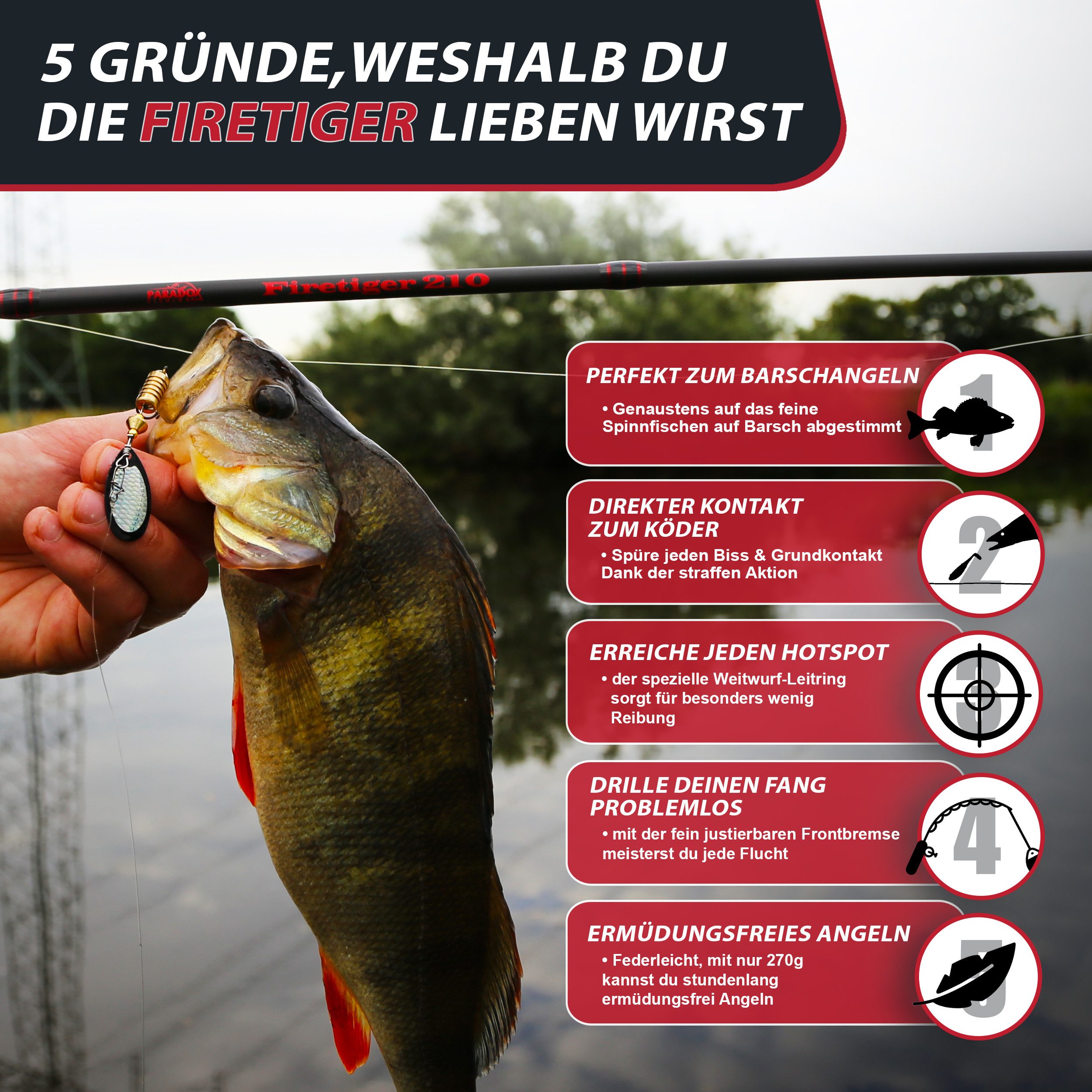 Paradox Fishing Spinnrute Firetiger, (Firetiger Spinnrute + Infinity Rolle), 2,1m/2,4m/2,7m, 5-20g/15-35g/20-60g