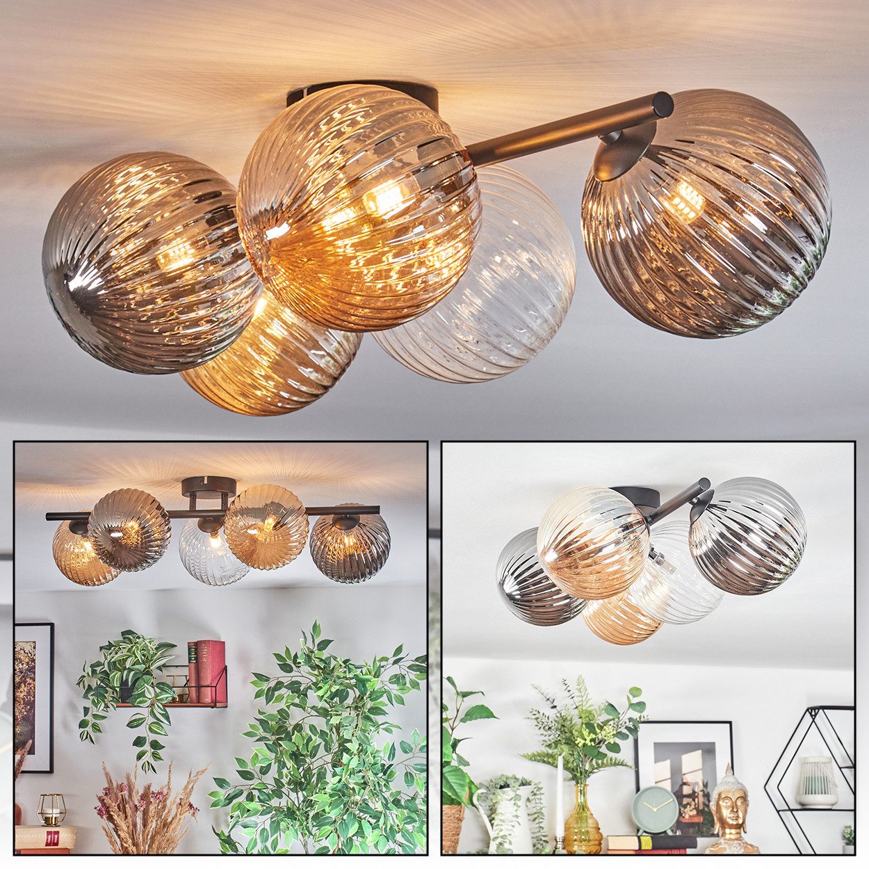 hofstein Deckenleuchte Deckenlampe aus Metall/Riffelglas in Schwarz/Rauch/Bernstein/Klar, Deckenleuchte im modernen Vintage-Design (Schirme Ø 15 cm), 5 x G9