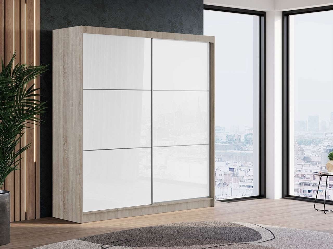 MKS MÖBEL Kleiderschrank VALENCIA Schiebeschrank mit Lacobel-Glas 200 cm, in der Farbe Sonoma-Eiche Weiss