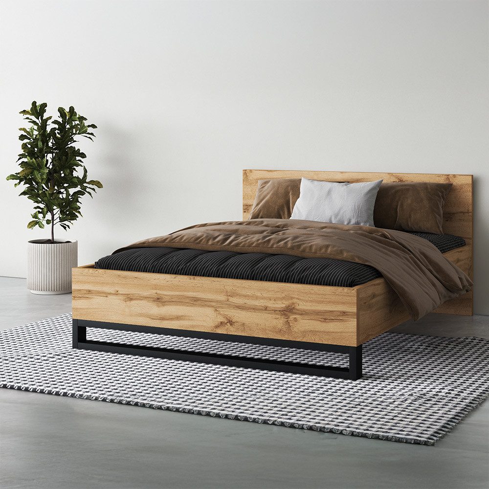 Lomadox Bettgestell HENDERSON-83, 140x200 cm Liegefläche, Eiche, Füßgestell schwarz matt