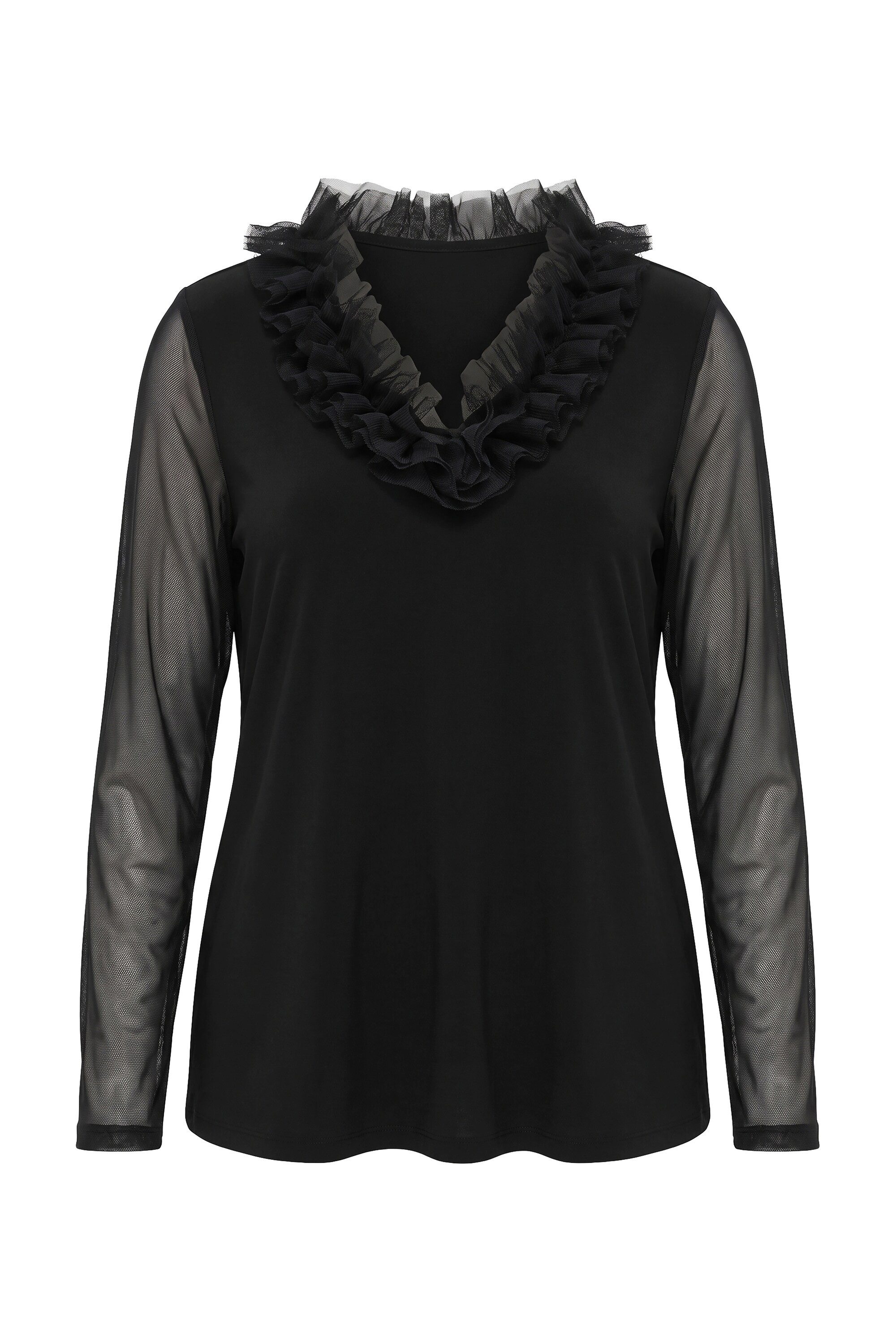 Ulla Popken Longsleeve Shirt Tüll-Rüsche Classic V-Ausschnitt Langarm – Bild 2 von 4