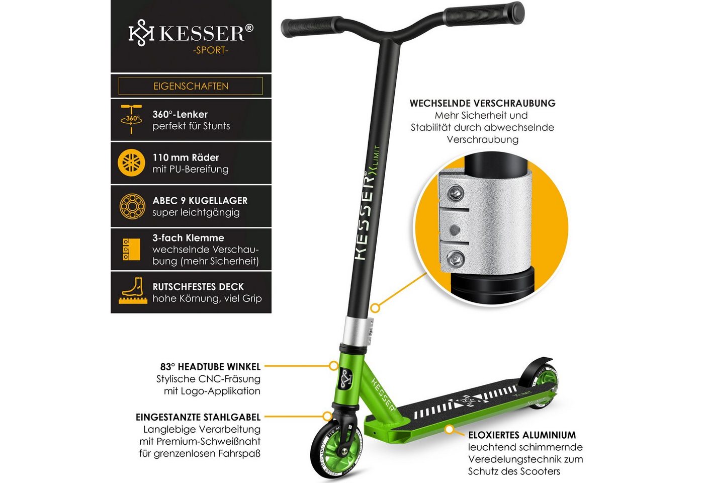 Thumbnail - KESSER Scooter, Stunt Scooter X-Limit-Pro 360° Lenkung Funscooter Stuntscooter