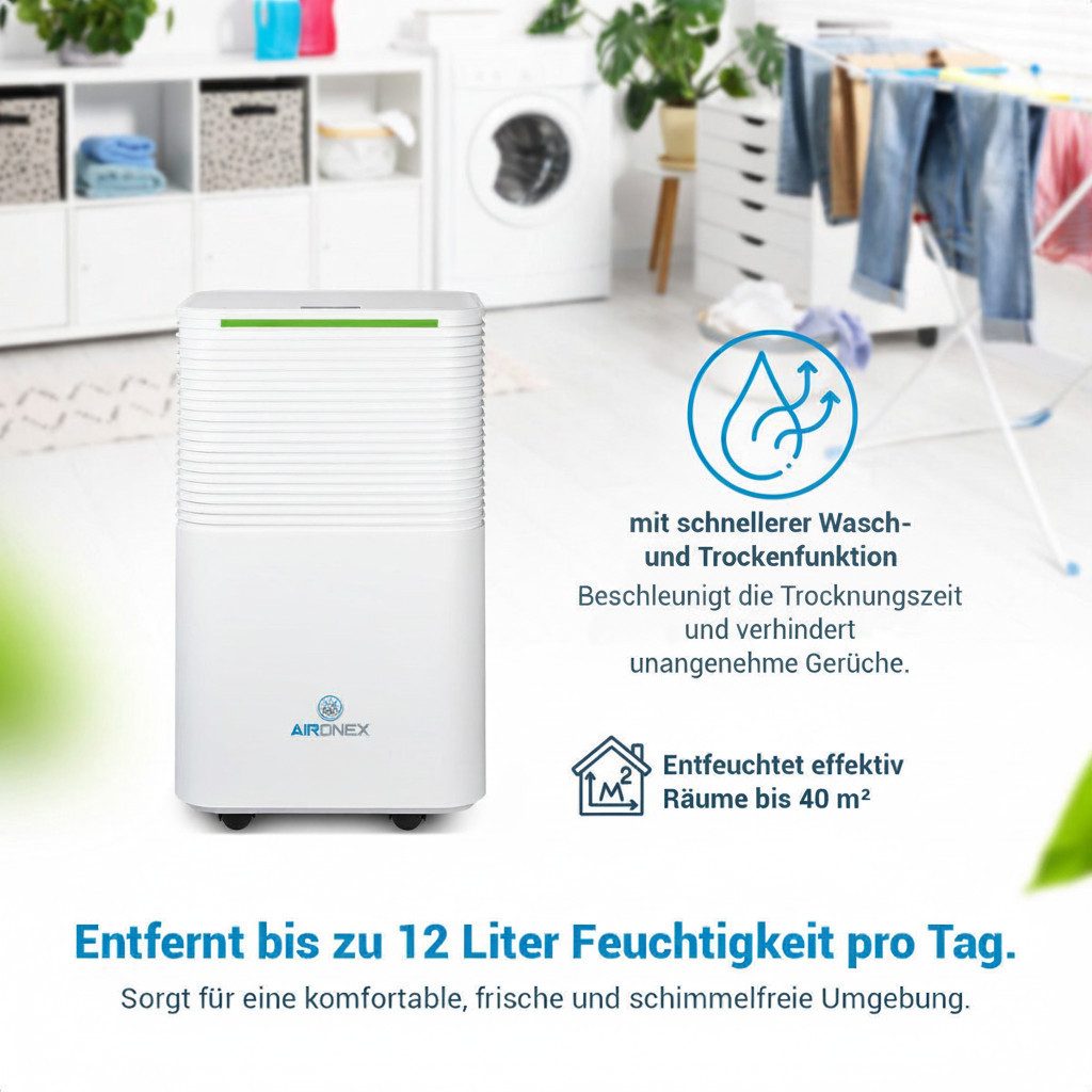 Aironex Luftentfeuchter Kompaktmodell - Beugt Schimmel vor - Leiser Feuchtigkeitsabsorber, für 50 m³ Räume, Entfeuchtung 12 l/Tag, Tank 2 l, Für Wohnzimmer, Schlafzimmer, Badezimmer, Keller und Garage