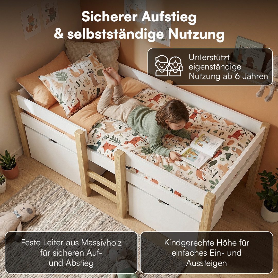 Bellabino Hochbett Aspy mit Rausfallschutz und Lattenrost 90x200 cm (natur / weiß, mit 2 Schubladen, optional mit Matratze) verfügbar in verschiedenen Ausführungen