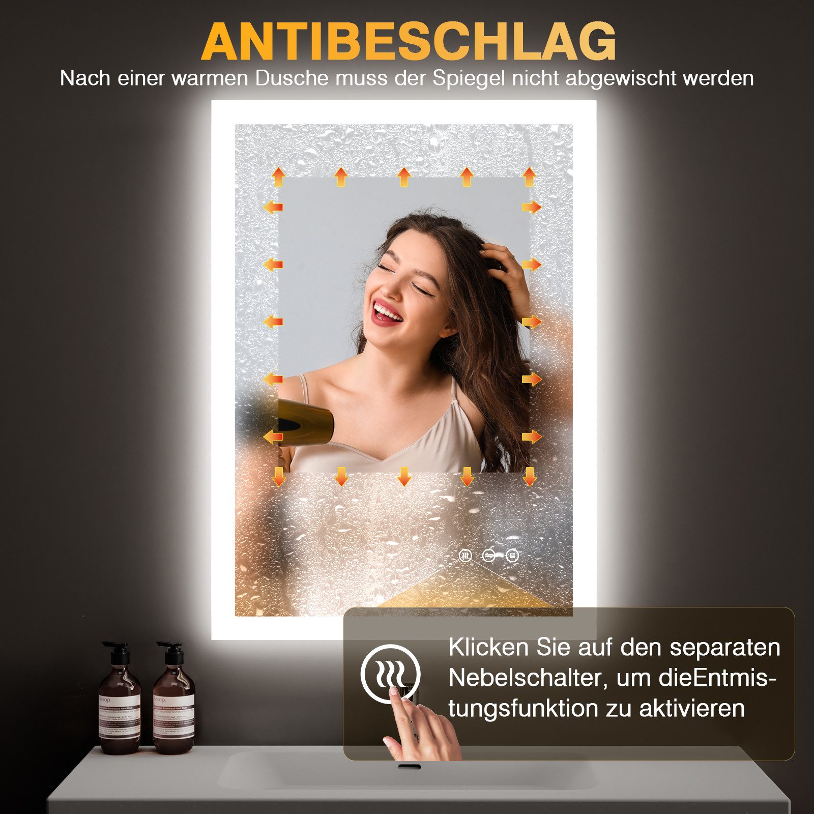 PESENXAN Badspiegel Wandspiegel Badezimmerspiegel mit Beleuchtung, IP44 LED-Spiegel-Bad (1-St., Touch-Schalter und Speicherfunktion, Horizontal/Vertikal), 3 Lic – Bild 4 von 5
