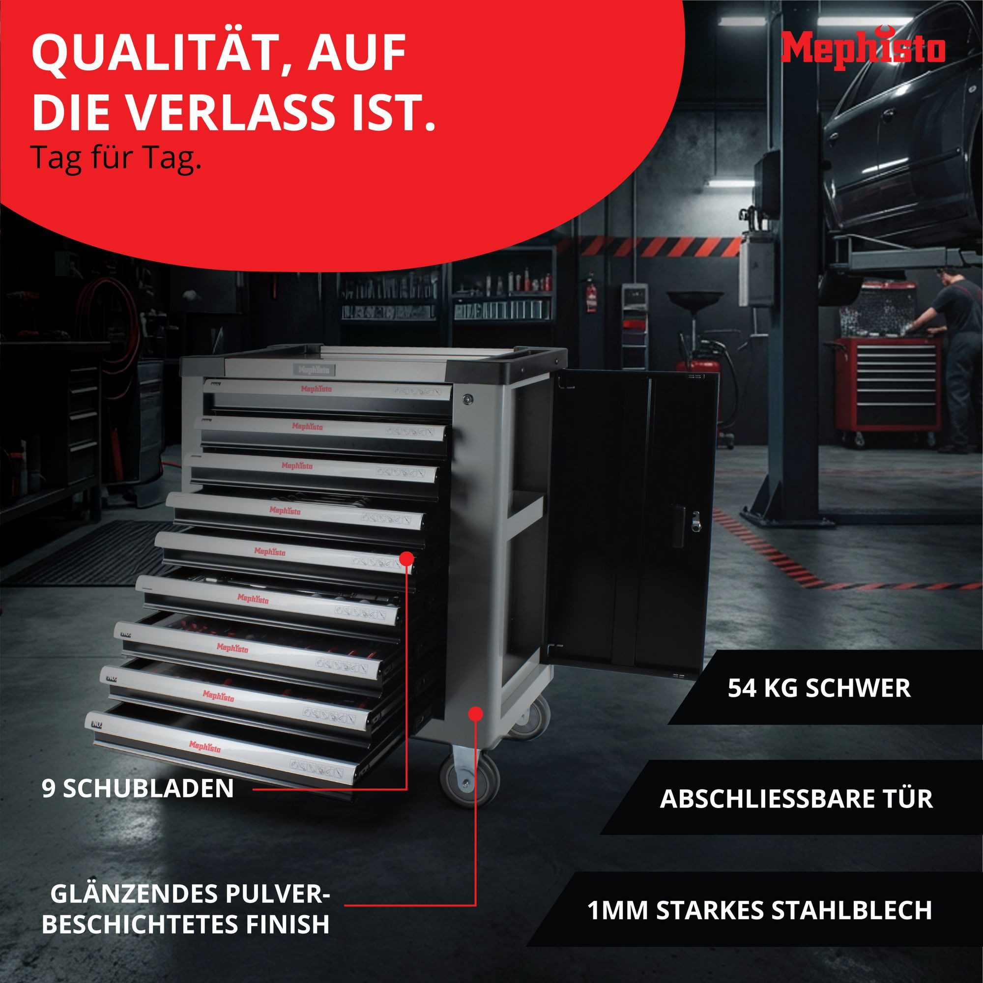 Mephisto-Tools Werkzeugwagen, (fertig montiert), 9 abschließbare Schubladen
