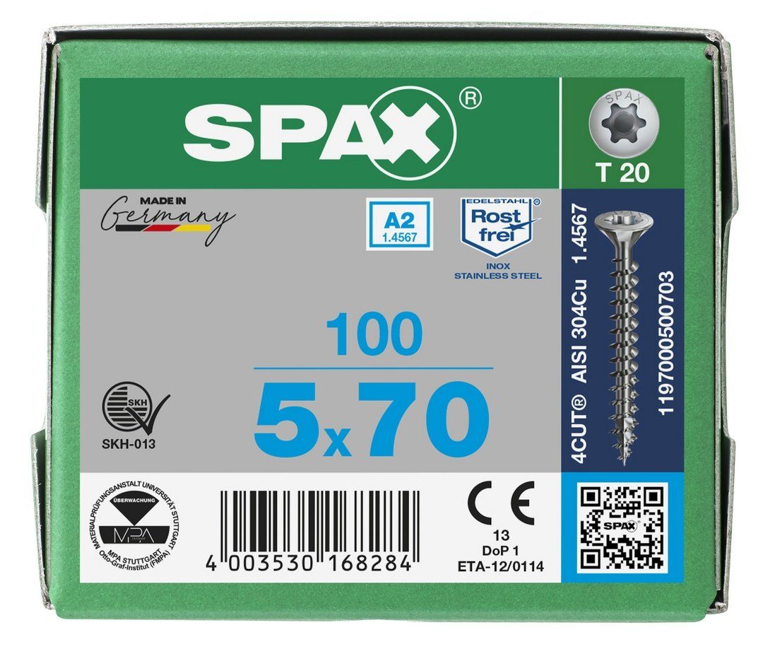 SPAX Spanplattenschraube Edelstahlschraube, (Edelstahl mm 100 St), A2, 5x70