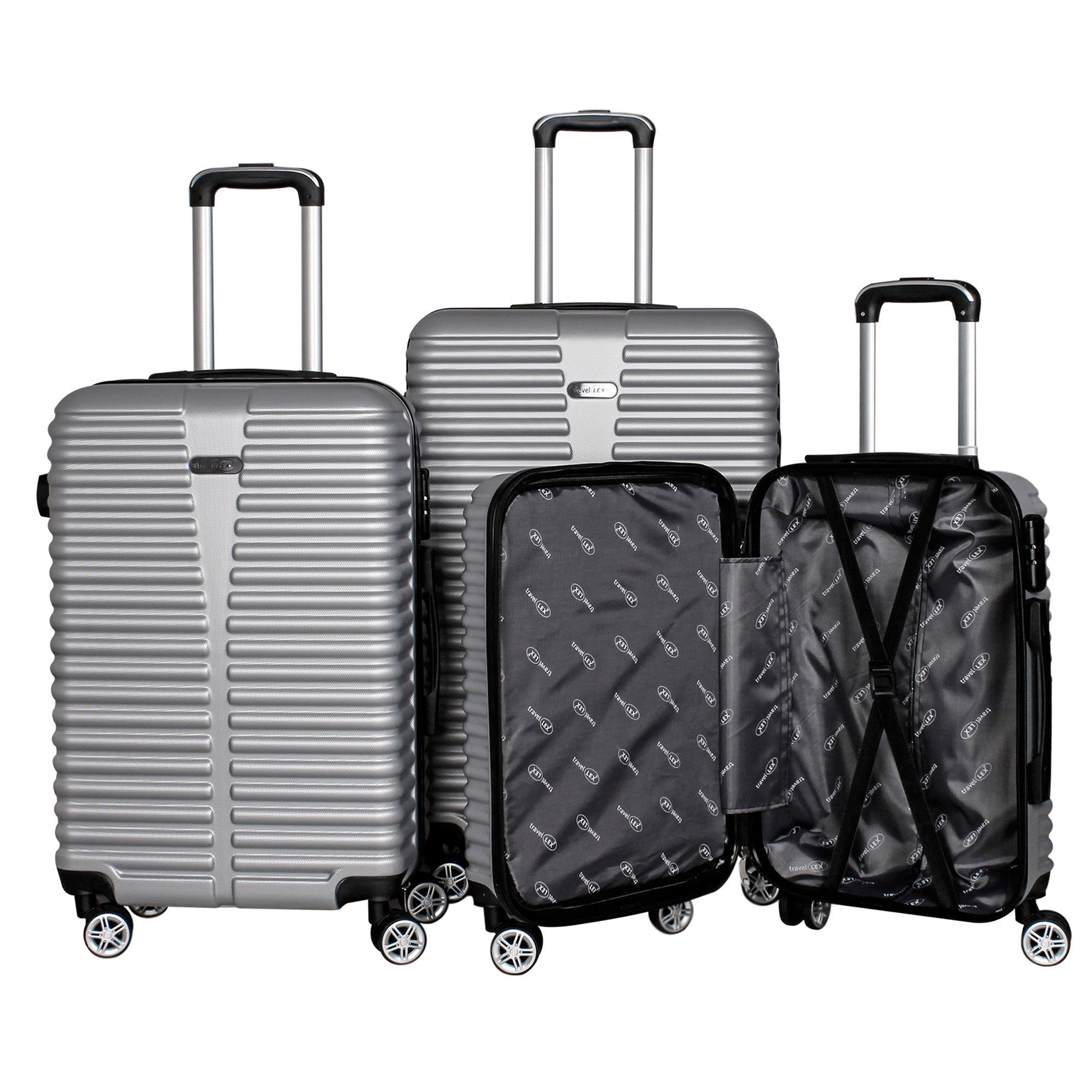 Linder Exclusiv GmbH Kofferset LEX 3er Kofferset Trolley ABS (55x37x24cm, 65x43x27cm, 75x49x29cm), 360° Leichtlauf-Doppelrollen, ergonomischer Teleskopgriff Silber