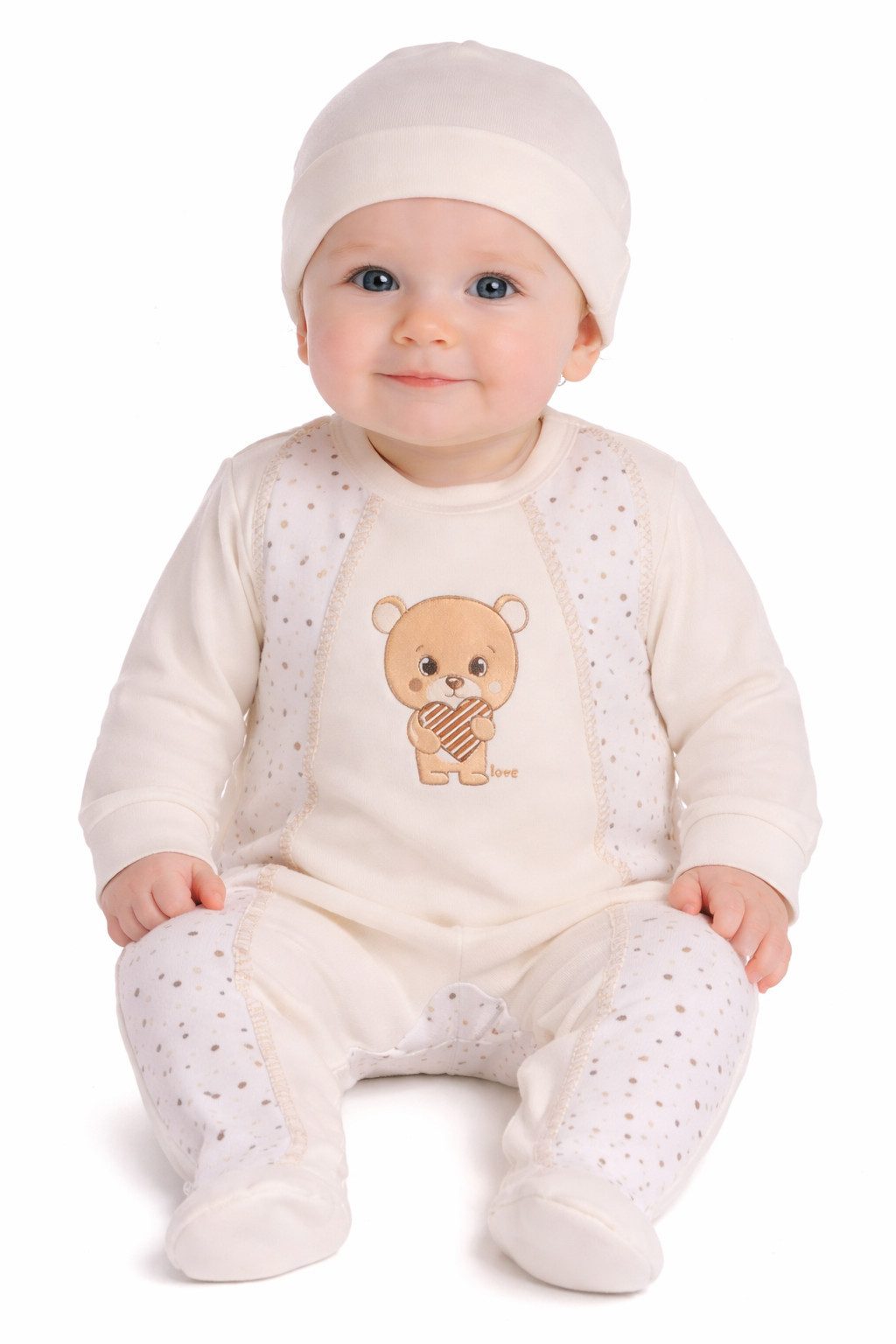 La Bortini Strampler, Jäckchen & Mütze Erstlingsset Mütze Strampler Langarmshirt in creme neutral (für Jungen und Mädchen, Set für Neugeborene, 3-teilig) aus reiner Baumwolle, 44 50 56 62 68 74