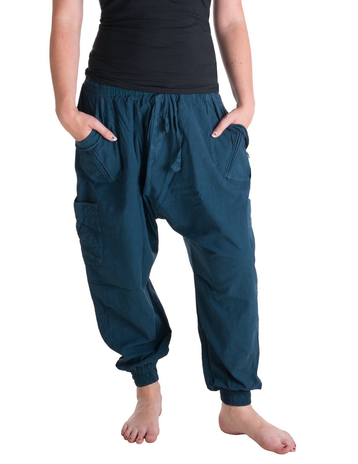 mit Ethno Hippie, Haremshose elastischem Haremshose handgewebt Vishes Goa, türkis Pluderhose, Bund, Style Pumphose,