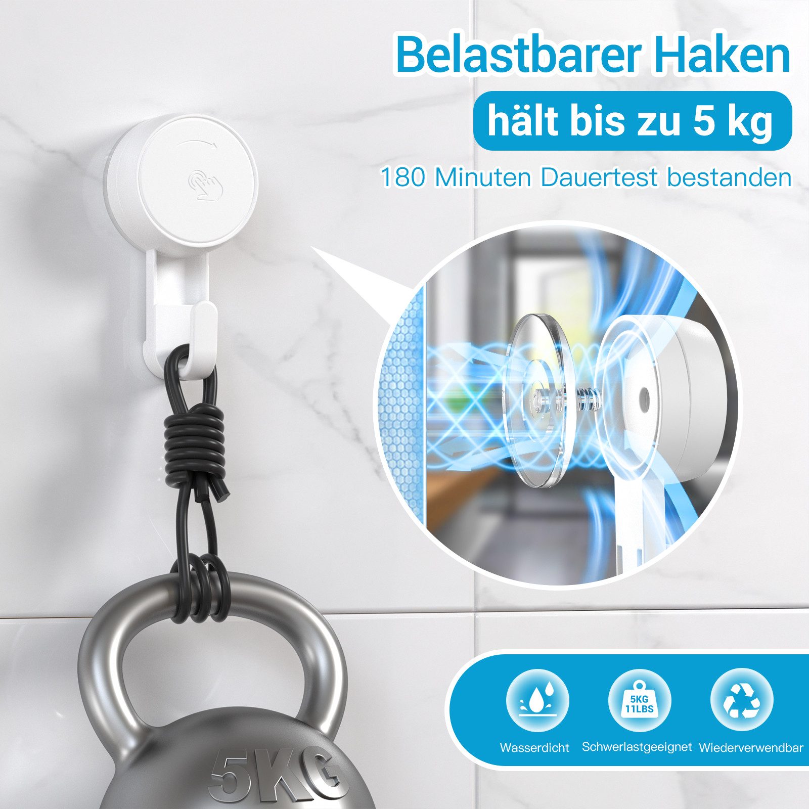 Elegear Wandhaken 2Pack Saugnapf Haken Ohne Bohren, Saughaken Extra Stark, Max 5KG, Badezimmer, Küche, Schlafzimmer, (2-St), Saugnäpfe für Fenster Dusche Bad Küche, Wiederverwendbarer Wandhaken
