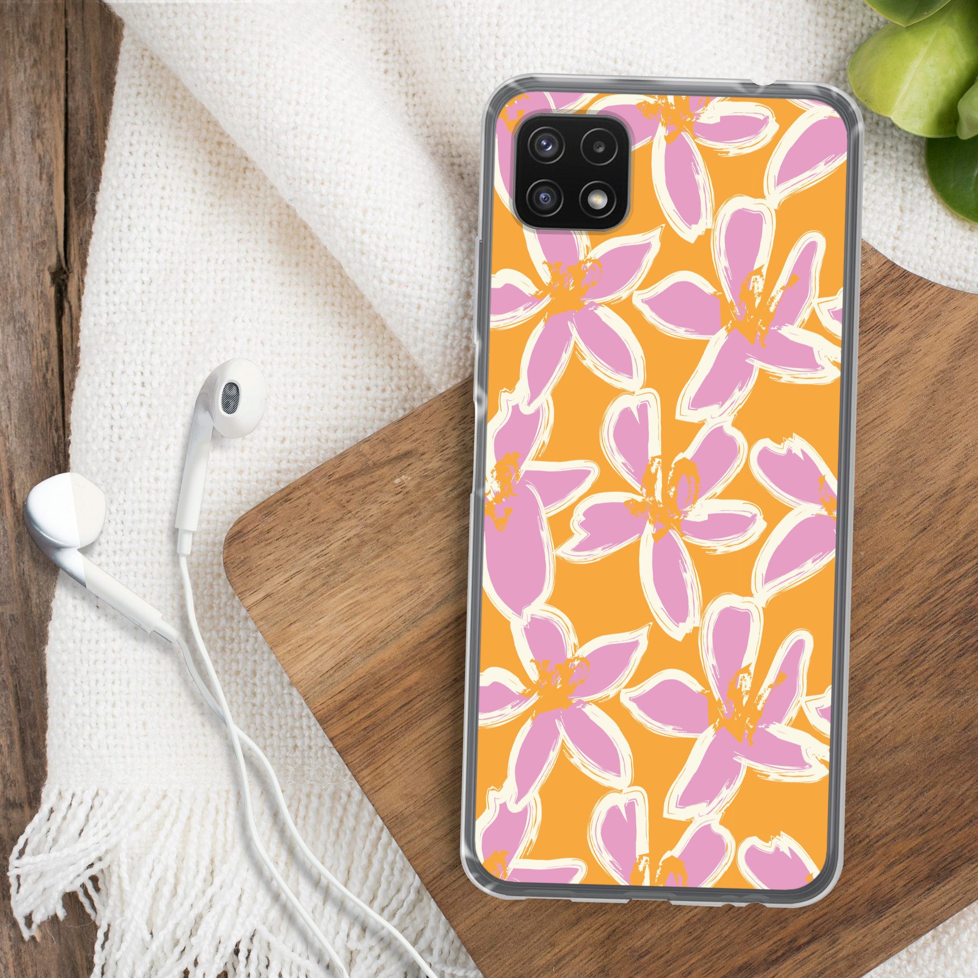 MuchoWow Handyhülle für Samsung Galaxy A22 5G Blumen - Muster - Rosa - Orange, Smartphone-Bumper, Print, Handy Schutzhülle Dünn