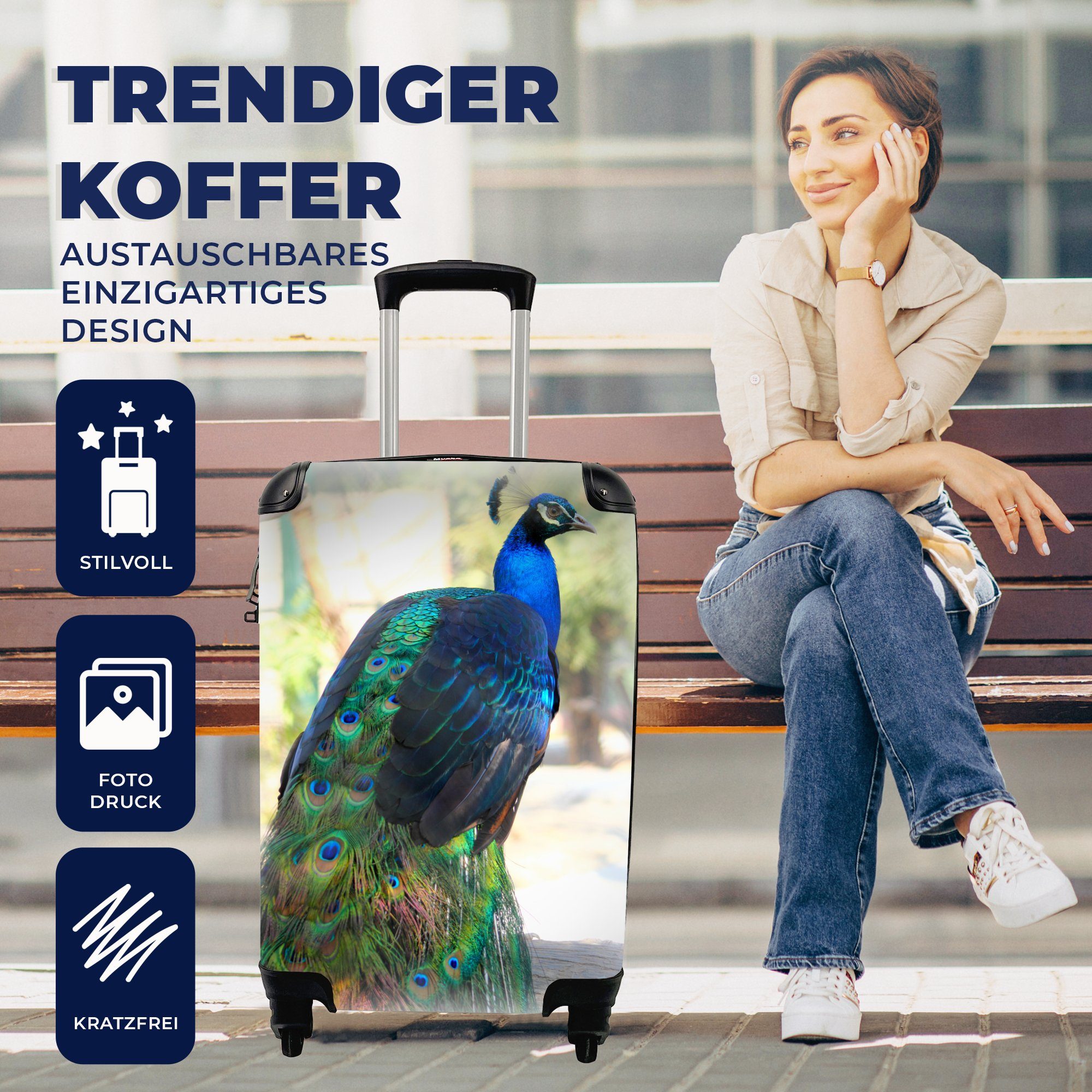 Handgepäck rollen, MuchoWow Reisetasche für Pfau 4 Reisekoffer Ferien, Rollen, - mit Handgepäckkoffer Tiere - Trolley, Federn,