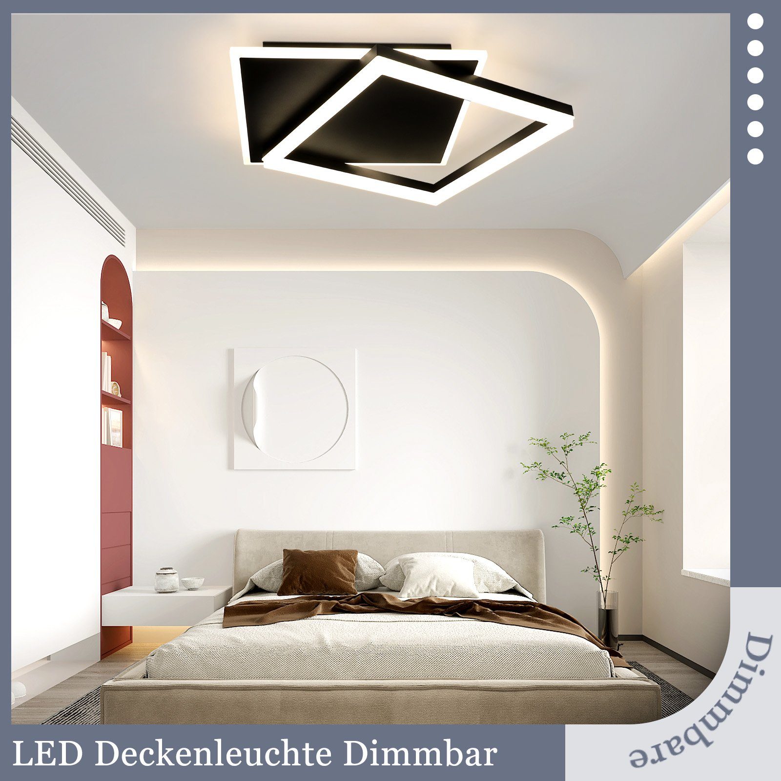 ZMH LED 3000-6500k, fest integriert, LED Deckenleuchte Wohnzimmer Deckenlampe Fernbedienung Schlafzimmerlampe Eckig Mit Schwarz 42W, Modern Schwarz Decke Acryl, 