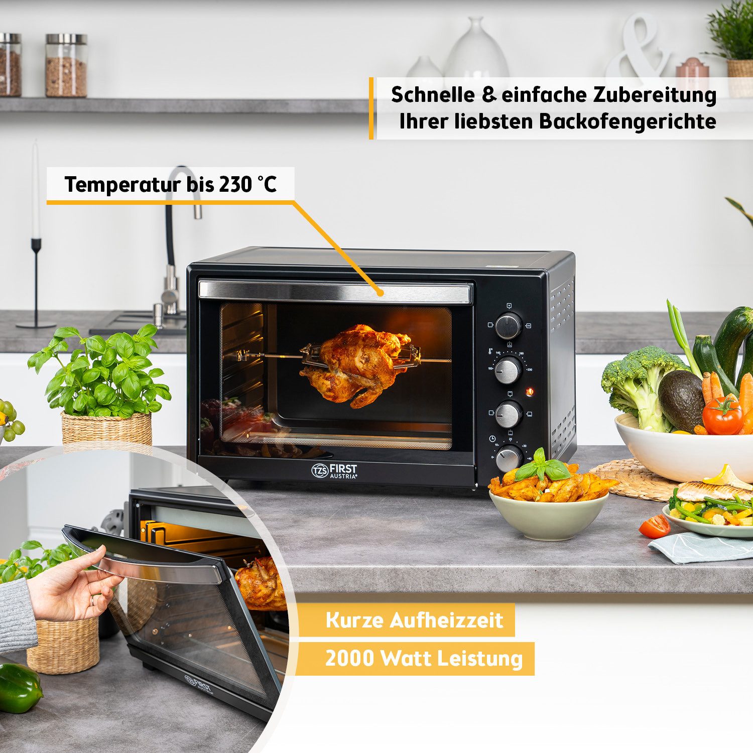 TZS FIRST AUSTRIA Minibackofen 45L 2000W, Premium-X Coating, stufenlose Temperaturregelung bis 230°C, 60 Min Timer, 4 Einschubhöhen, Doppelglastür, Umluftfunktion