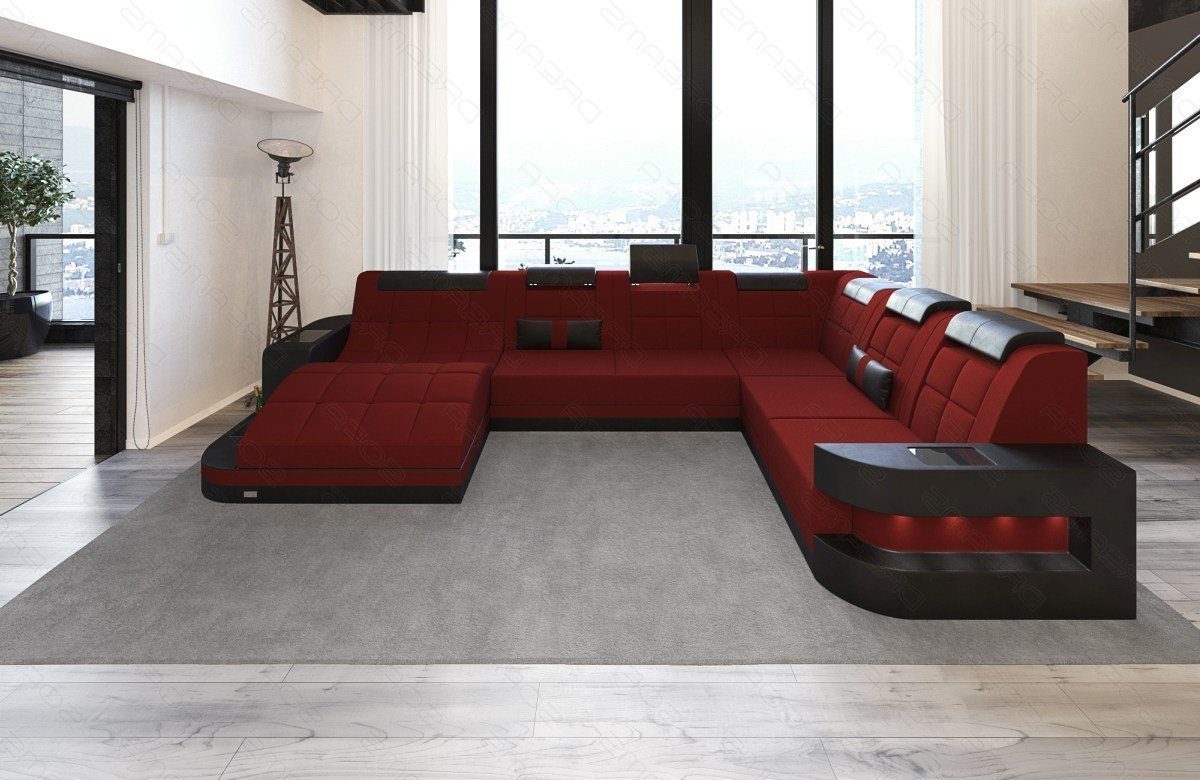 Sofa Couch mit M Wave Bettfunktion Mikrofaser wahlweise dunkelrot-schwarz Polster XXL Wohnlandschaft Dreams Sofa Strukturstoff Stoff,