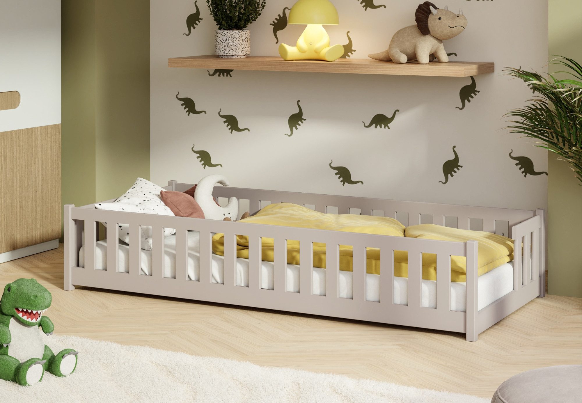 Kids Collective Kinderbett Bodenbett mit Rausfallschutz & Lattenrost Montessori Betten Kinder (Verfügbare Größen: 80 x 160, 80 x 180, 90 x 190, 90 x 200, 120 x 200, 140 x 200 cm), Jugendbett Einzelbett Kiefer Kaschmir 80x160 cm