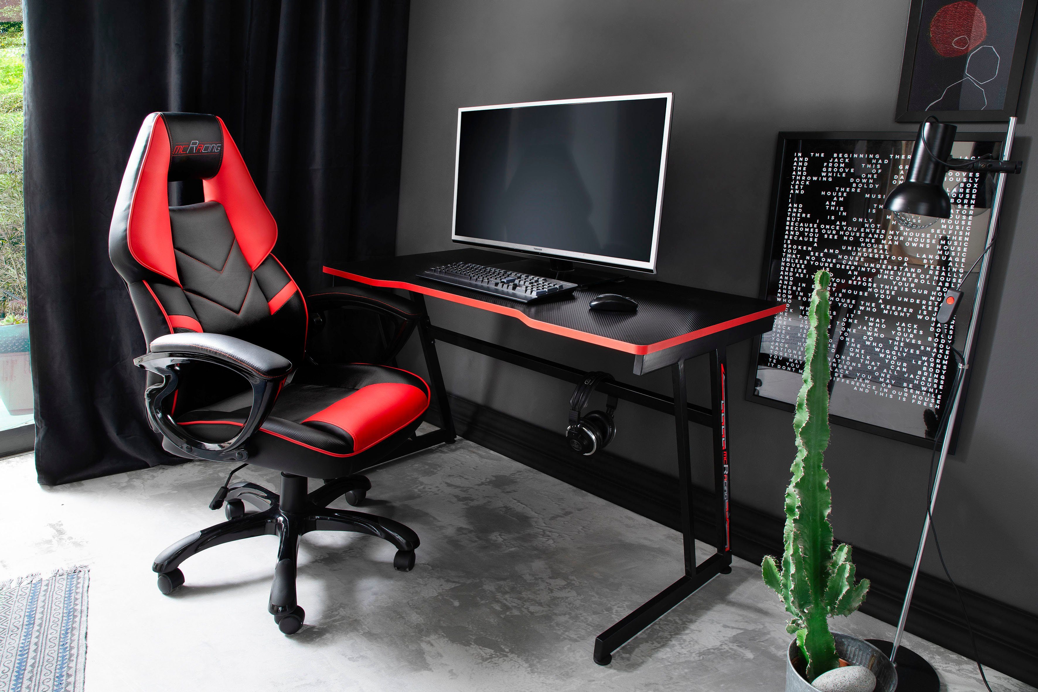 Schreibtisch Design, Cooles Desk Rot Gestell Tischplatte schwarz 120 Absetzung Gamingtisch 12, MCA furniture & in Design: Breite im cm, in coolen mcRacing