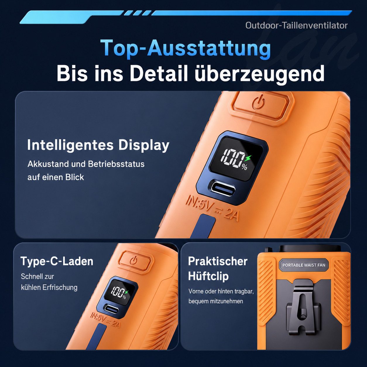 nsihing Mini USB-Ventilator Gürtelventilator 3-in-1, Mini-Ventilatoren Akku 6000 mAh, 100 Stufen, Tischständer, Powerbank & Extra Lange Laufzeit
