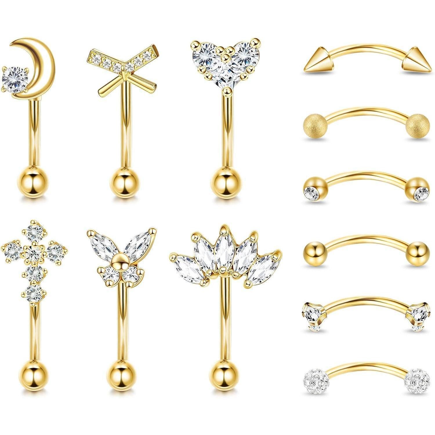 Dochais Augenbrauenpiercing-Set 12 Stück Augenbrauen Piercing Set Curved Barbell Rook Daith Schmuck