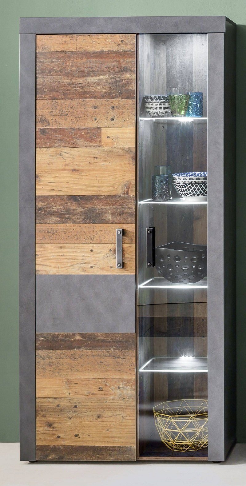 trendteam Highboard Vitrine Vitrinenschrank Indy, Old Used Wood / Matera grau, inkl.