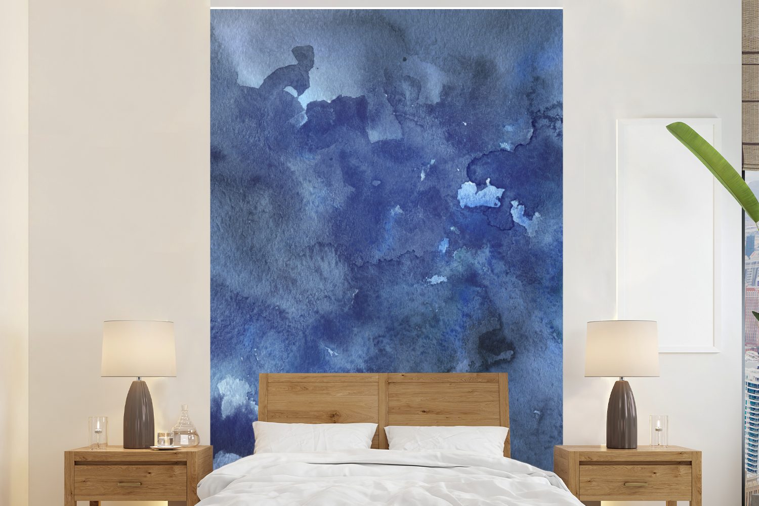 MuchoWow Fototapete Aquarell - Blau - Wolken, Matt, bedruckt, (3 St), Montagefertig Vinyl Tapete für Wohnzimmer, Wandtapete