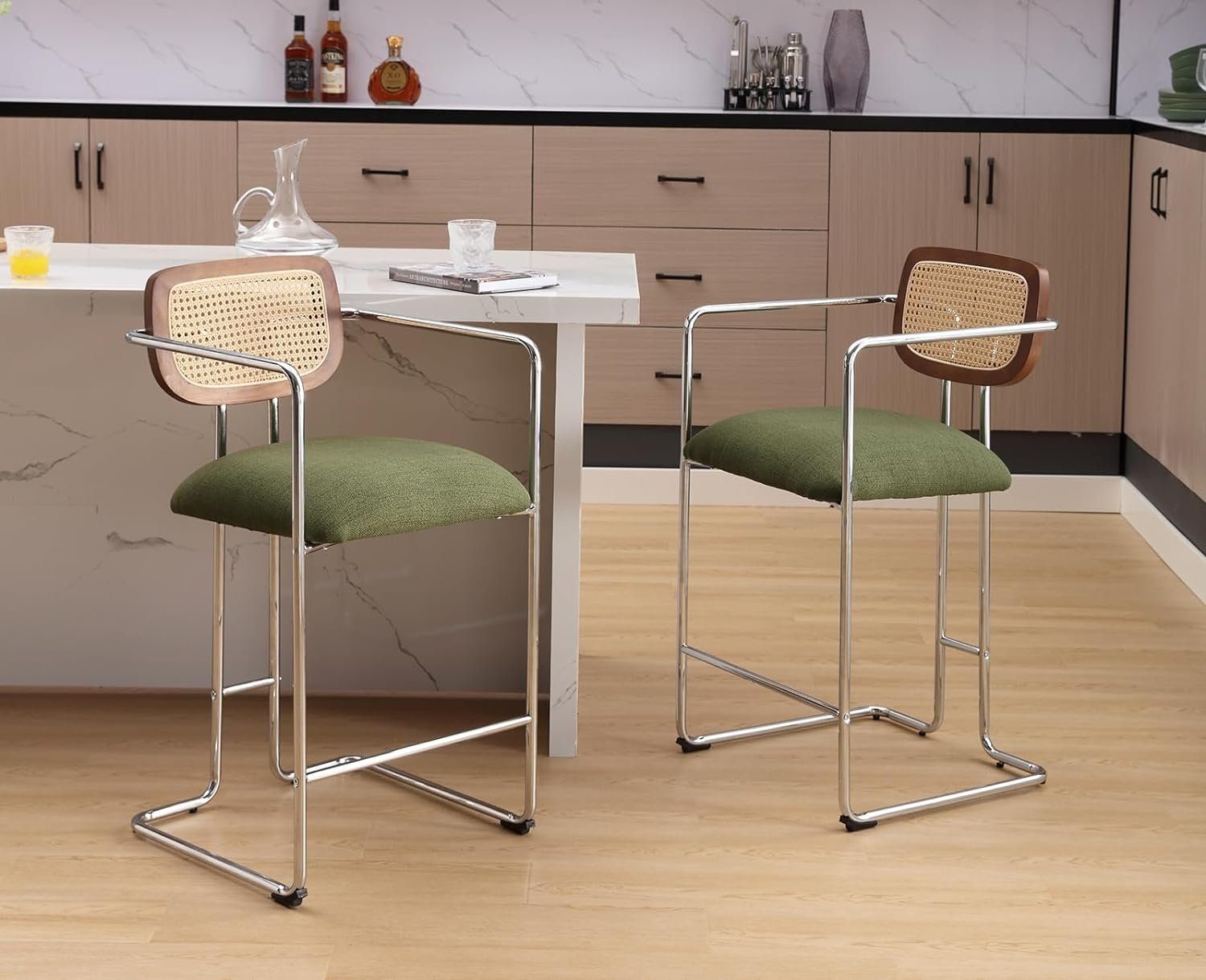 WAHSON OFFICE CHAIRS Barhocker 2er Set Rattan Küchenhocker mit Lehne Sitzfläche aus Teddystoff – Bild 5 von 5