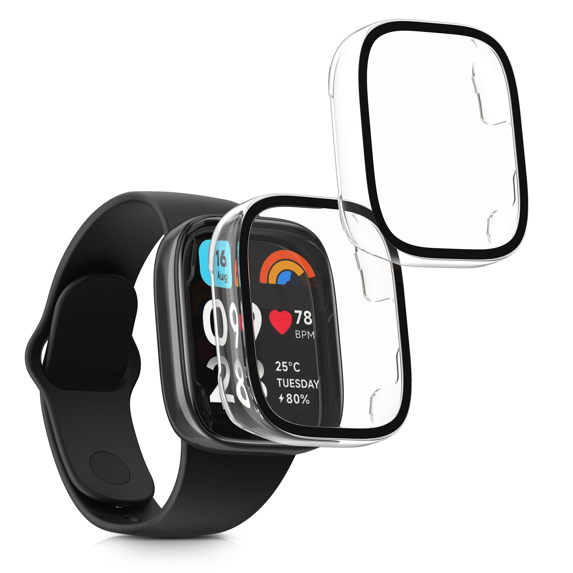 kwmobile Smartwatch-Hülle 2x Hülle für Xiaomi Redmi Watch 3 Active / Redmi Watch 3 Lite, Fullbody Fitnesstracker Glas Cover Case Schutzhülle Set