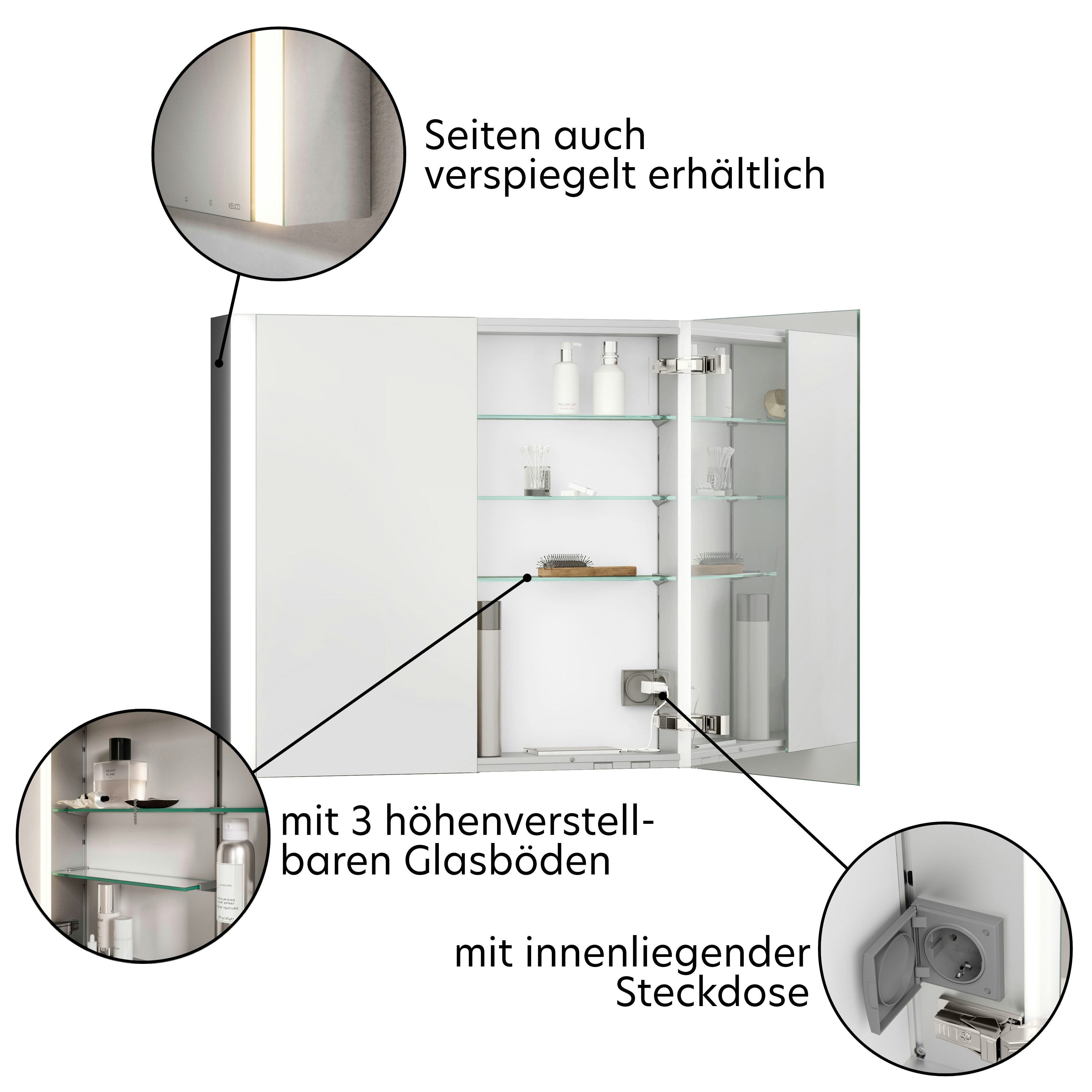 Keuco Badezimmerspiegelschrank Royal Finn Spiegelschrank 80 cm, Aufputz, mit 2 Türen, aus Aluminium, Seiten verspiegelt