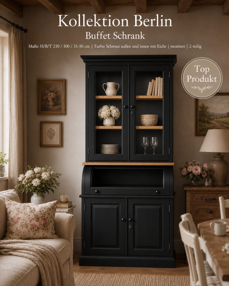 Wohnpalast Buffet Buffet Schrank Berlin 100 cm mit Eiche schwarz Landhaus- Stil