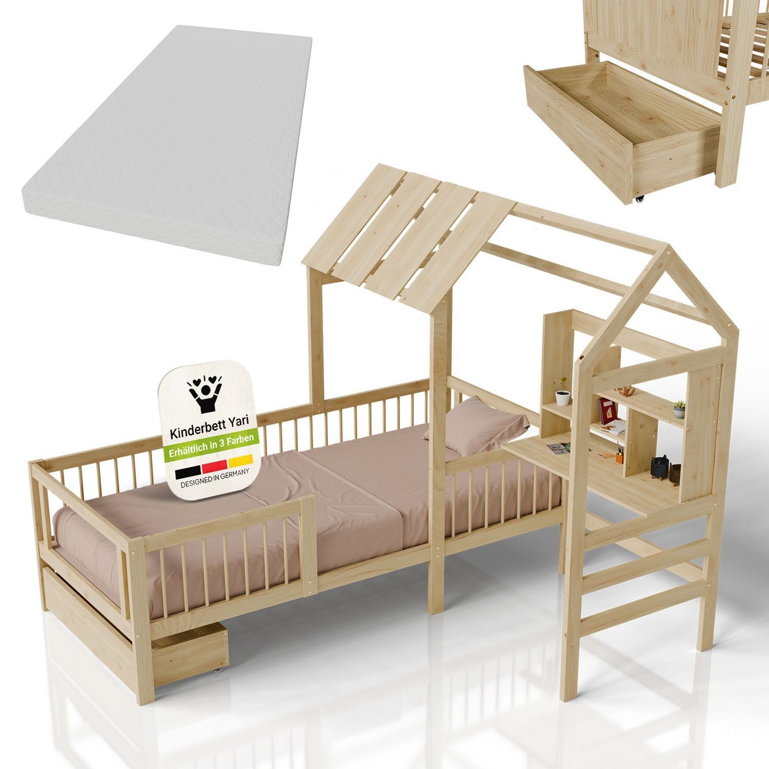 Juskys Kinderbett Yari, inkl. 90x200 Matratze, Hausoptik, Schreibtisch, 3 - 10 Jahre