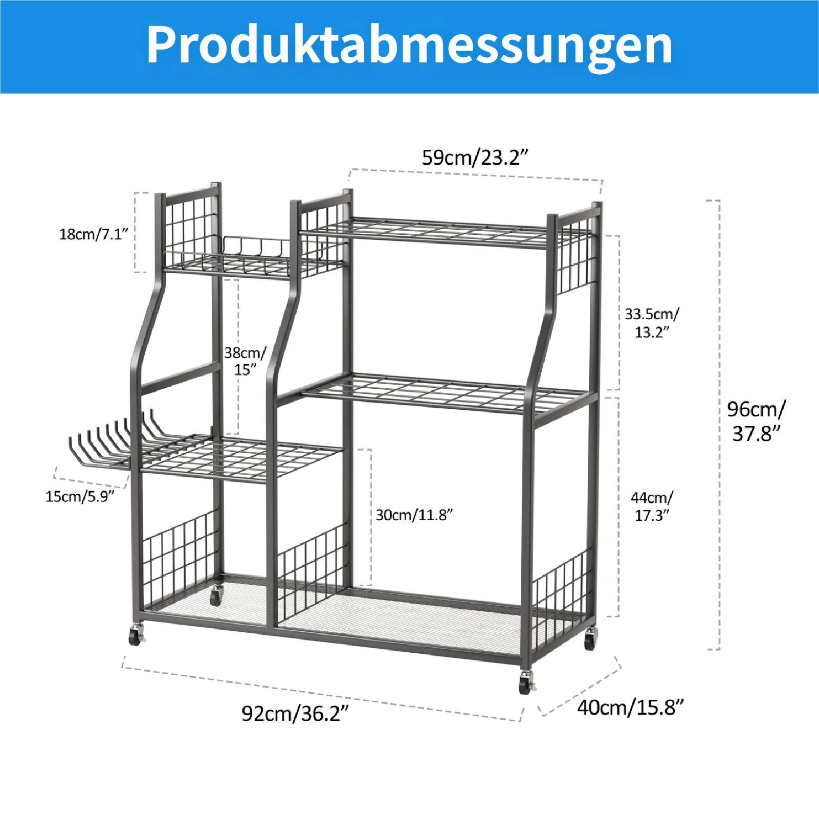 Rutaqian Gartengerätehalter Gartengerätehalter, Gartenwerkzeug Aufbewahrung Standgerät mit Rollen, (Garage Organizer mit viel Stauraum, 92 x 40 x 95 cm)