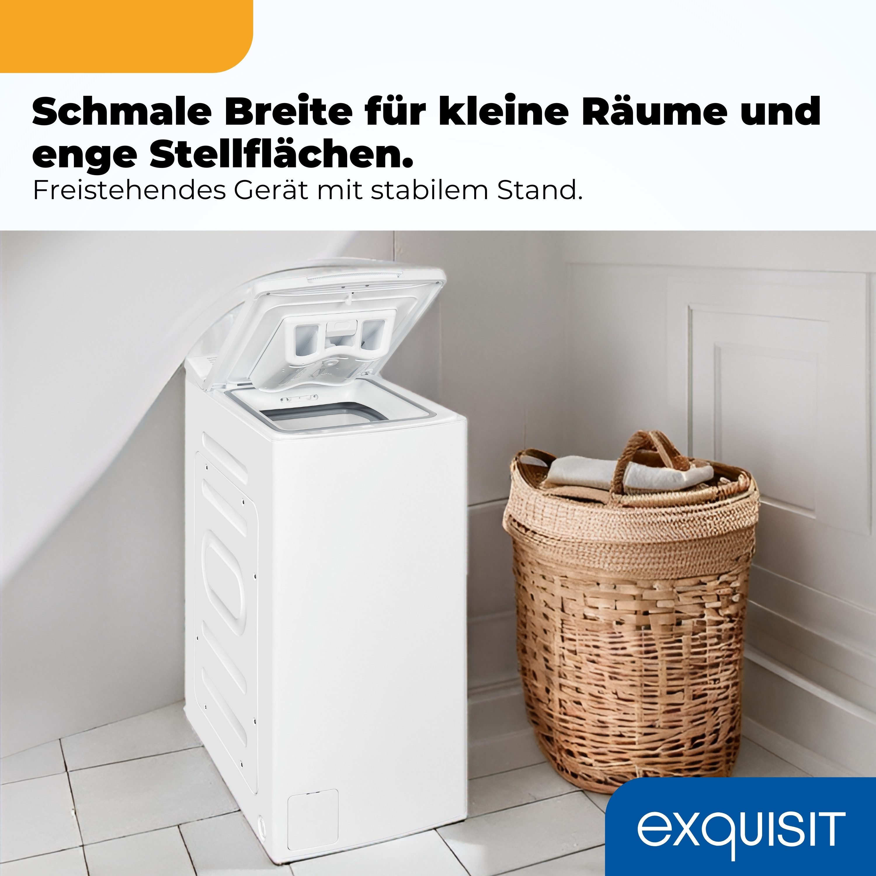 exquisit Waschmaschine Toplader LTO51207-030A, 7,5 kg, 1200 U/min, 7,5 kg, Startzeitvorwahl, Aquastop, Schmal, 15 Programme, Toplader
