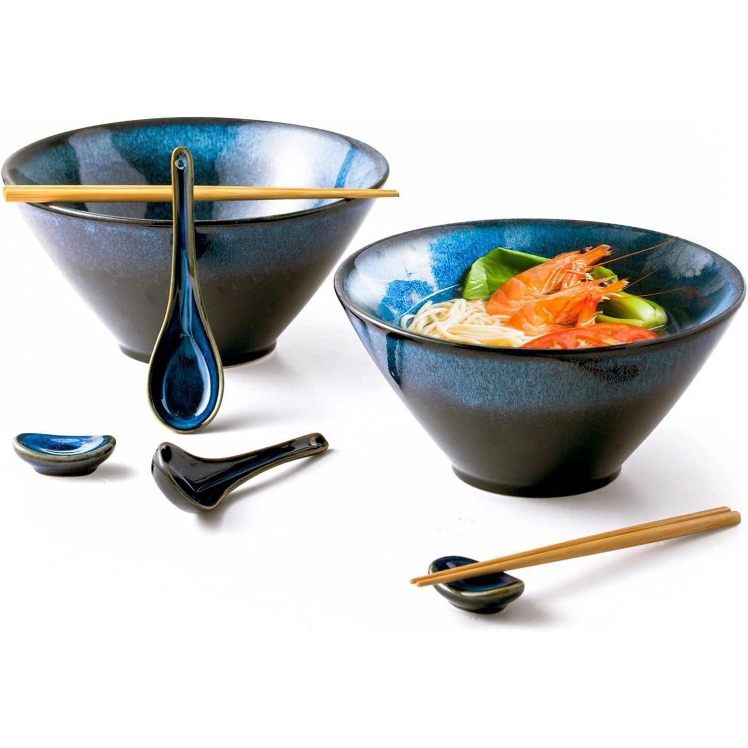 LuxusKollektion Suppenschüssel Ramen Schüssel Set Keramik 2L 2er Essstäbchen Blau 2l-blau