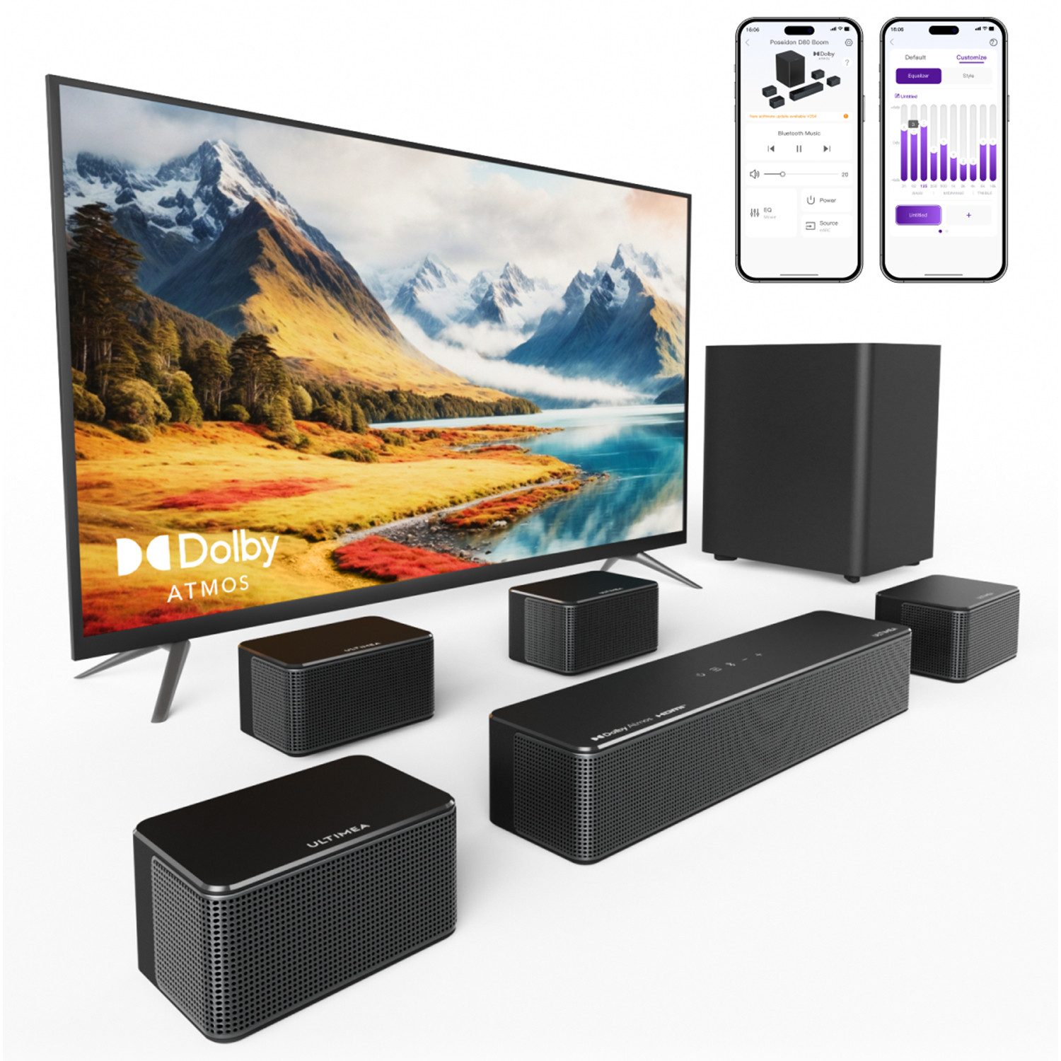 Ultimea Lautsprecher 7.1 Kanal (Bluetooth, HDMI, 500 W, Dolby Atmos, APP-Steuerung,Surround-Lautsprecher, kabellosem Subwoofer)