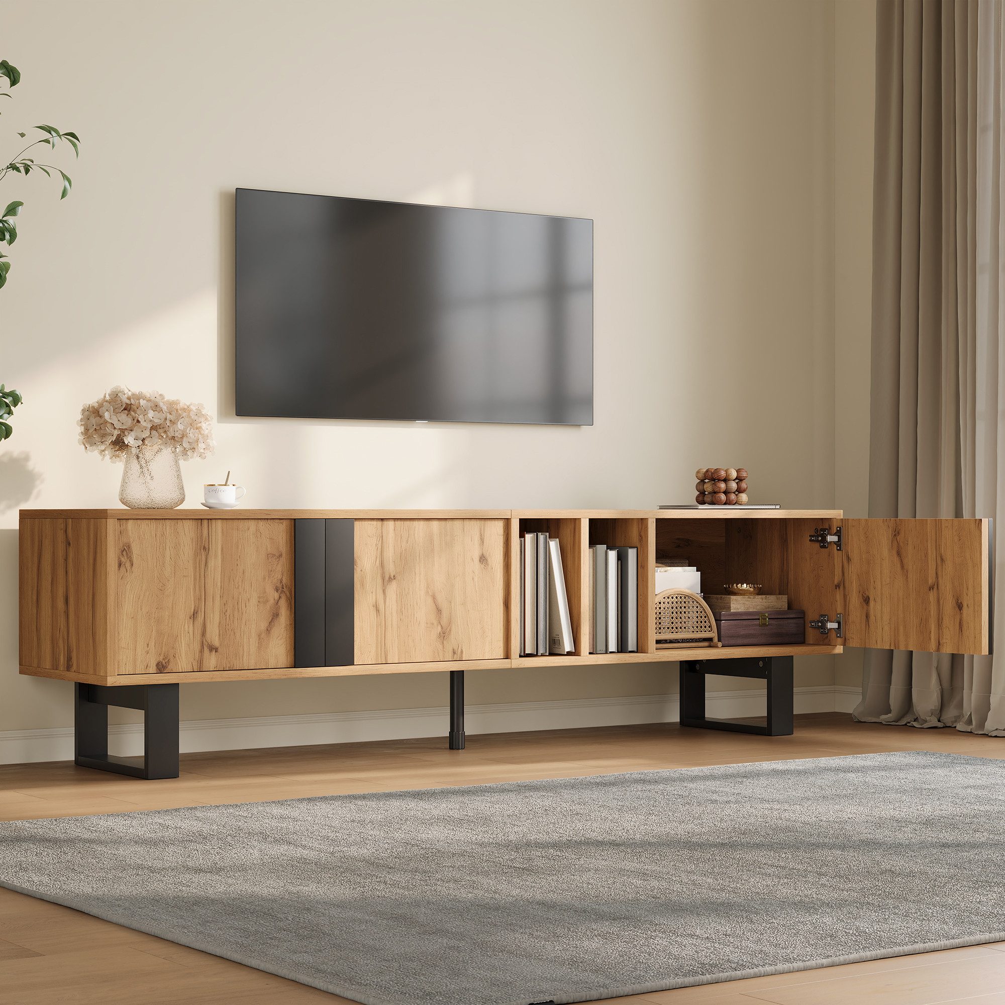 STILVORA Lowboard TV-Schrank mit offenen Ablagen TV-Board mit Eisenbeine (TV-Möbel, Mediamöbel, Soft-Close-Scharniere, 3 Schwenktüren, 2 offene Fächer, 2 Innenfächer, PB+MDF-Korpus), für Flur, Eingangsbereich, Diele, Wohnzimmer