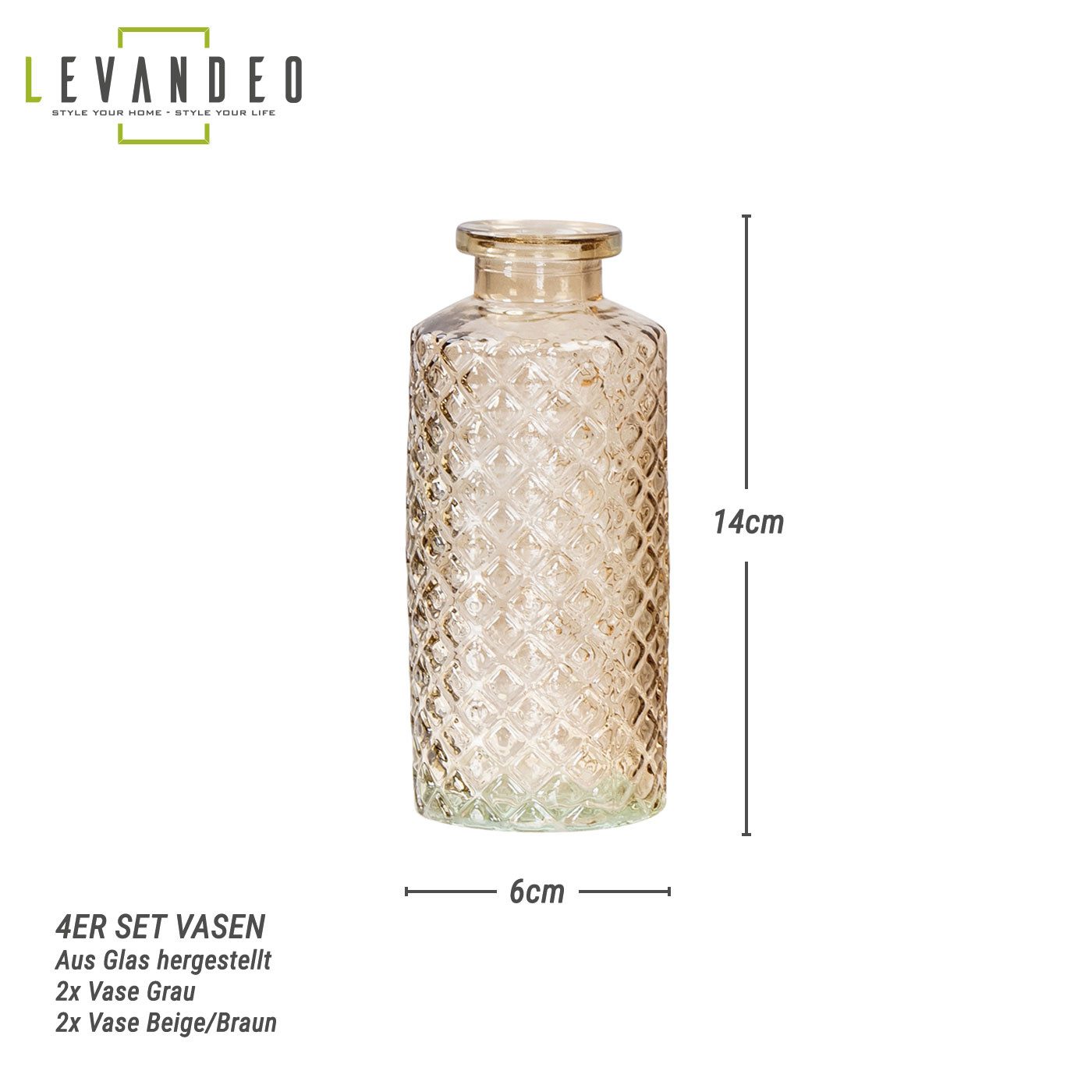 Levandeo® Dekovase, 4er Set Vase Braun Grau H14cm Glas Blumenvase Tischdeko günstig online kaufen