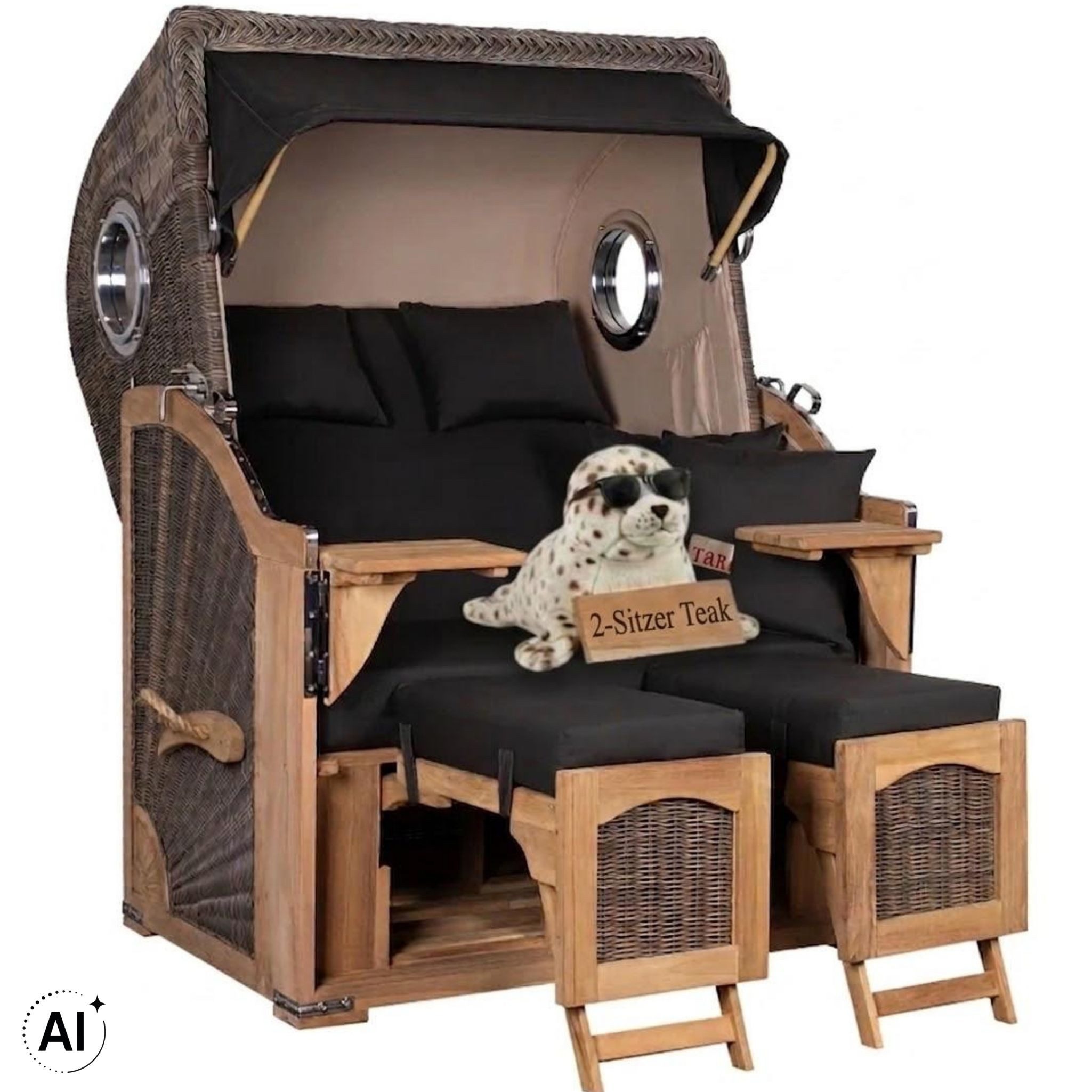 MR.DEKO Strandkorb Düne 2-Sitzer Teak Bullauge wetterfest PE-Geflecht grey, BxTxH: 125x80x170 cm, Düne, Düne, (Fertig montierter Strandkorb für Garten, Terrasse & Balkon), Wetterfester Volllieger mit Edelstahlbeschlägen & waschbaren Polstern