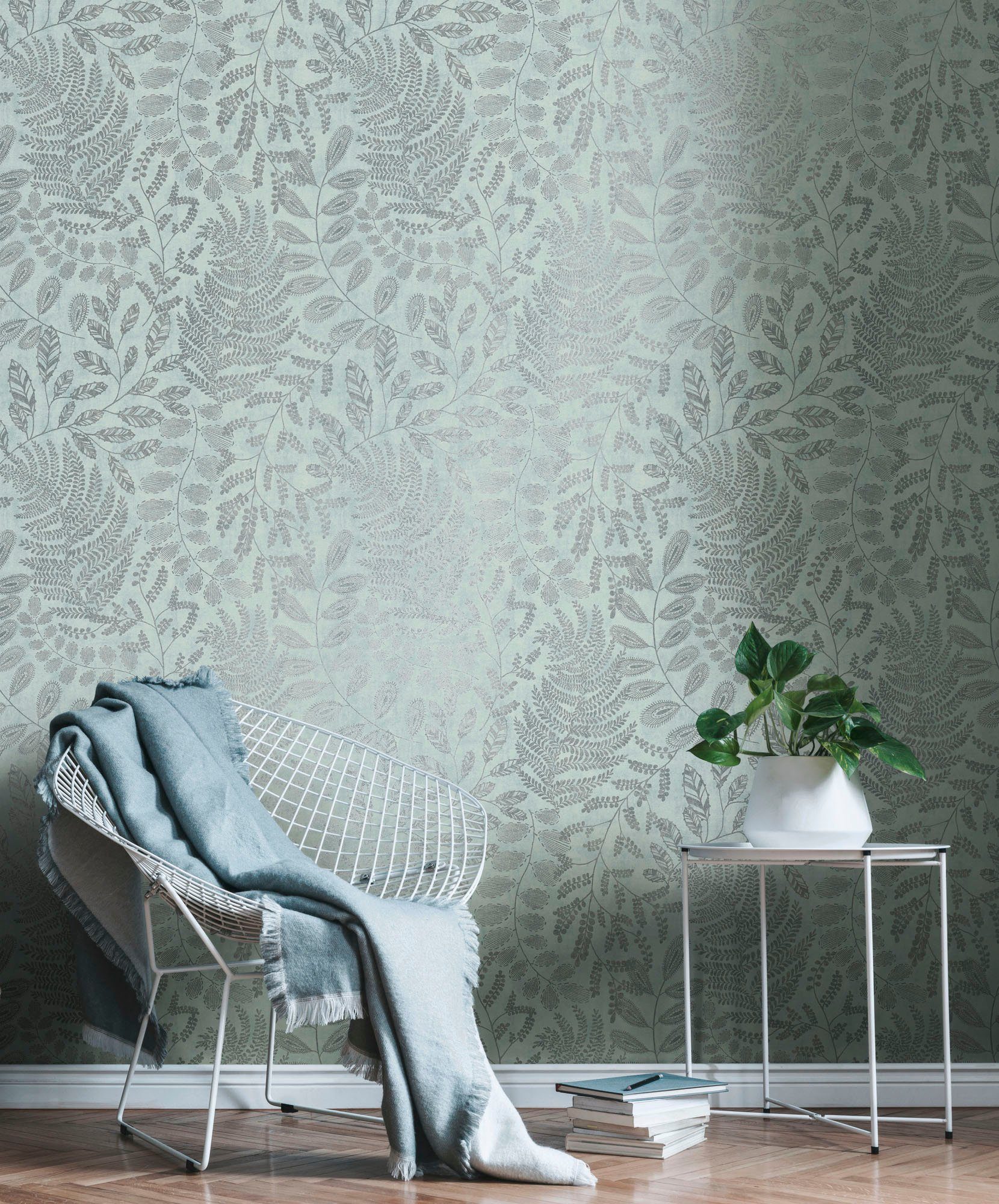 A.S. Création Vliestapete THE BOS Blätter Floral, glatt, gemustert, matt, neutral, (1 St), Florale Tapete Tapete Floral Обои Wohnzimmer Schlafzimmer Küche
