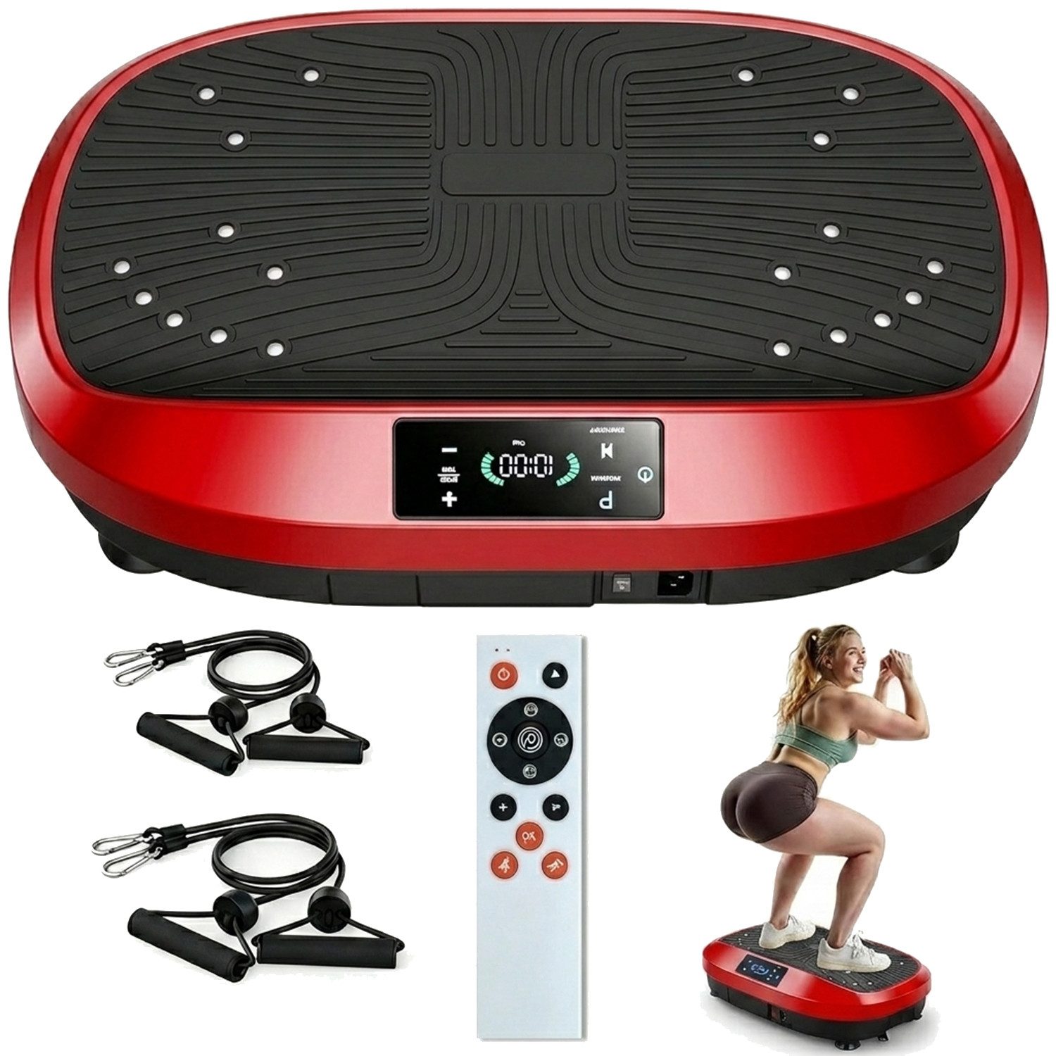 LETGOSPT Vibrationsplatte Vibrationsplatte Größe 57,5 x 42,5 x 17 cm, Bis 200KG, 200 W, 120 Intensitätsstufen, (mit Trainingsbandern, Ganzkörpertraining zu Hause), Ultra leisem Motor, Fernbedienung, Seitliche Transporträder