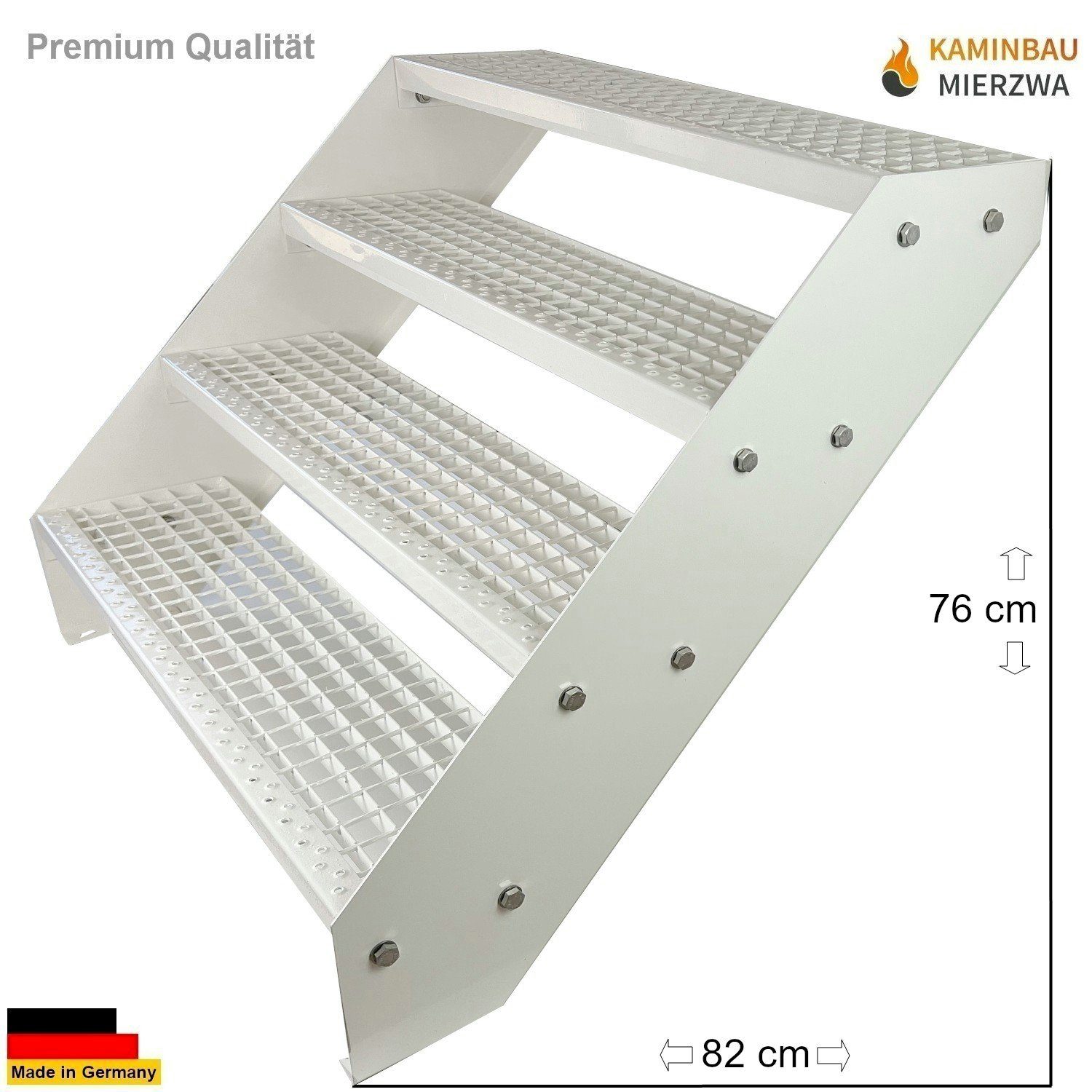 Kaminbau Mierzwa Außentreppe Premium Treppe Komplett Weiß Höhe Verstellbar, für Geschosshöhen bis 76 cm, Stufen Gitterroststufen nach DIN 24531, (Höhe 76 cm, Breite wählbar aus 60, 80, 100, 120, 140 cm), Gartentreppe Stahltreppe Wetterfest Rostfrei Feuer-Verzinkt Rutschfest
