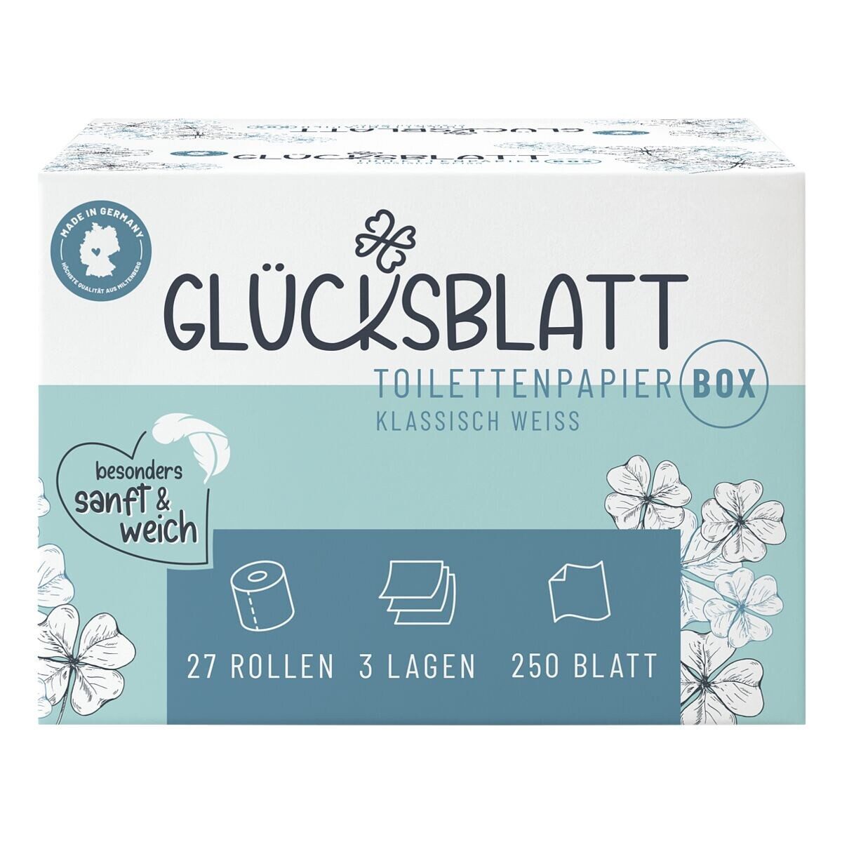 Glücksblatt Toilettenpapier Klassisch Weiß, 3-lagig, 27 Rollen, 250 Blatt/Rolle, mit Prägung